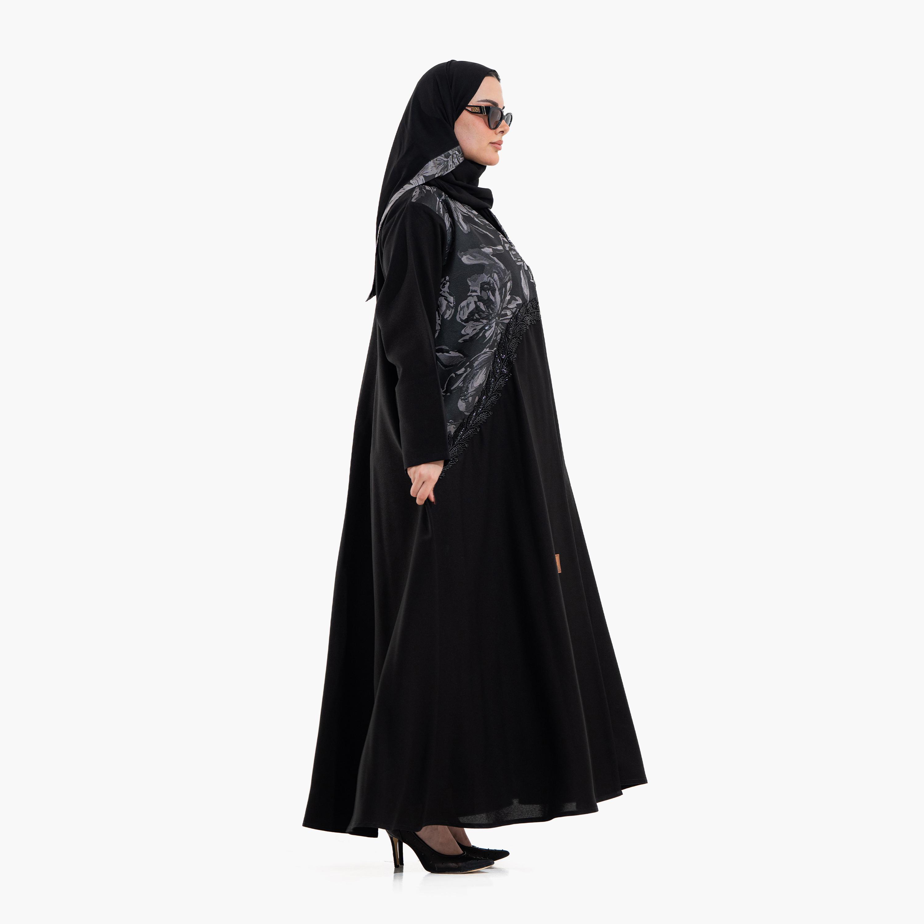 Zahiyh Black Beaded & Abstract Print Women's Evening Abaya with Hijab-women-arabicclothing-abayas-image-3