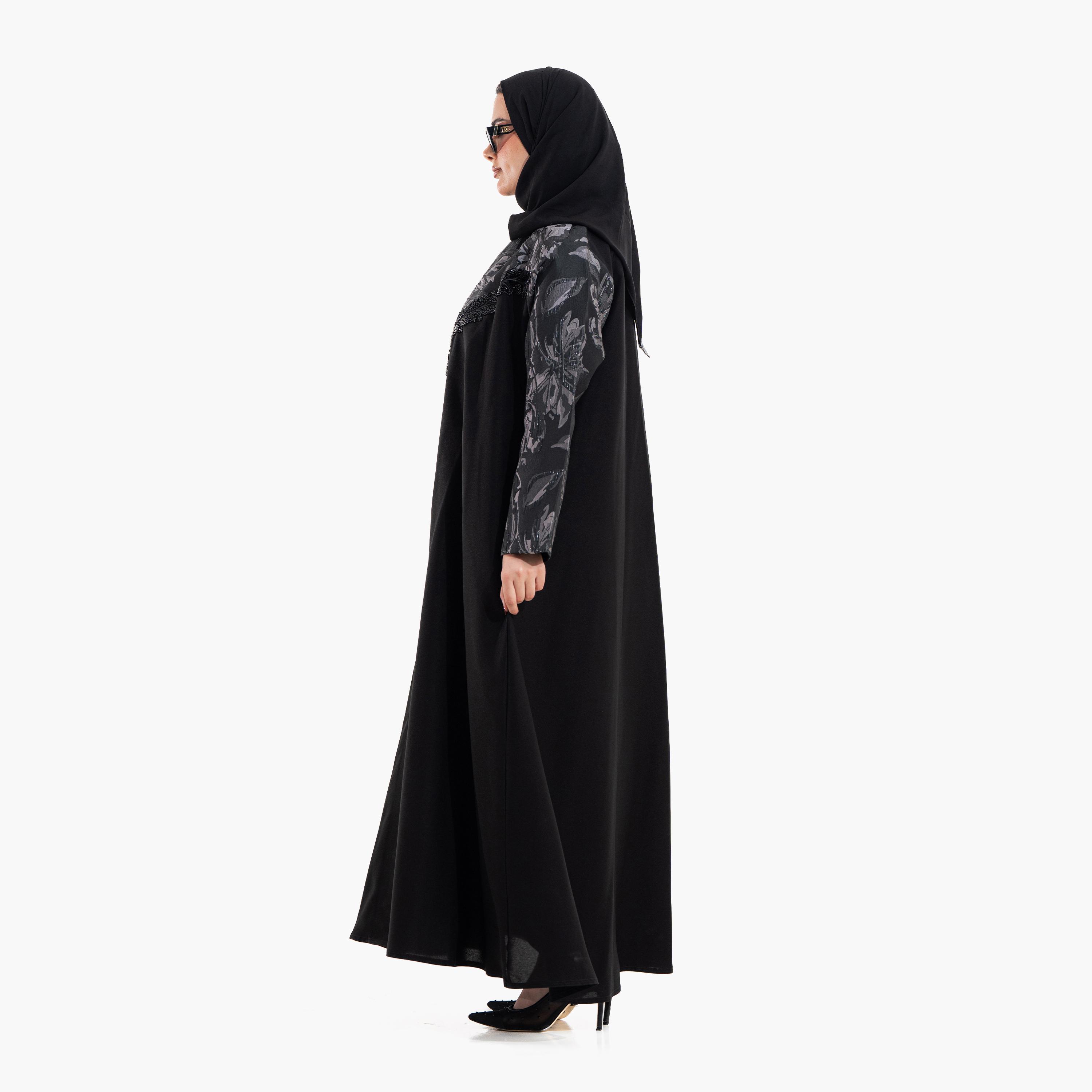 Zahiyh Black Beaded & Abstract Print Women's Evening Abaya with Hijab-women-arabicclothing-abayas-image-4