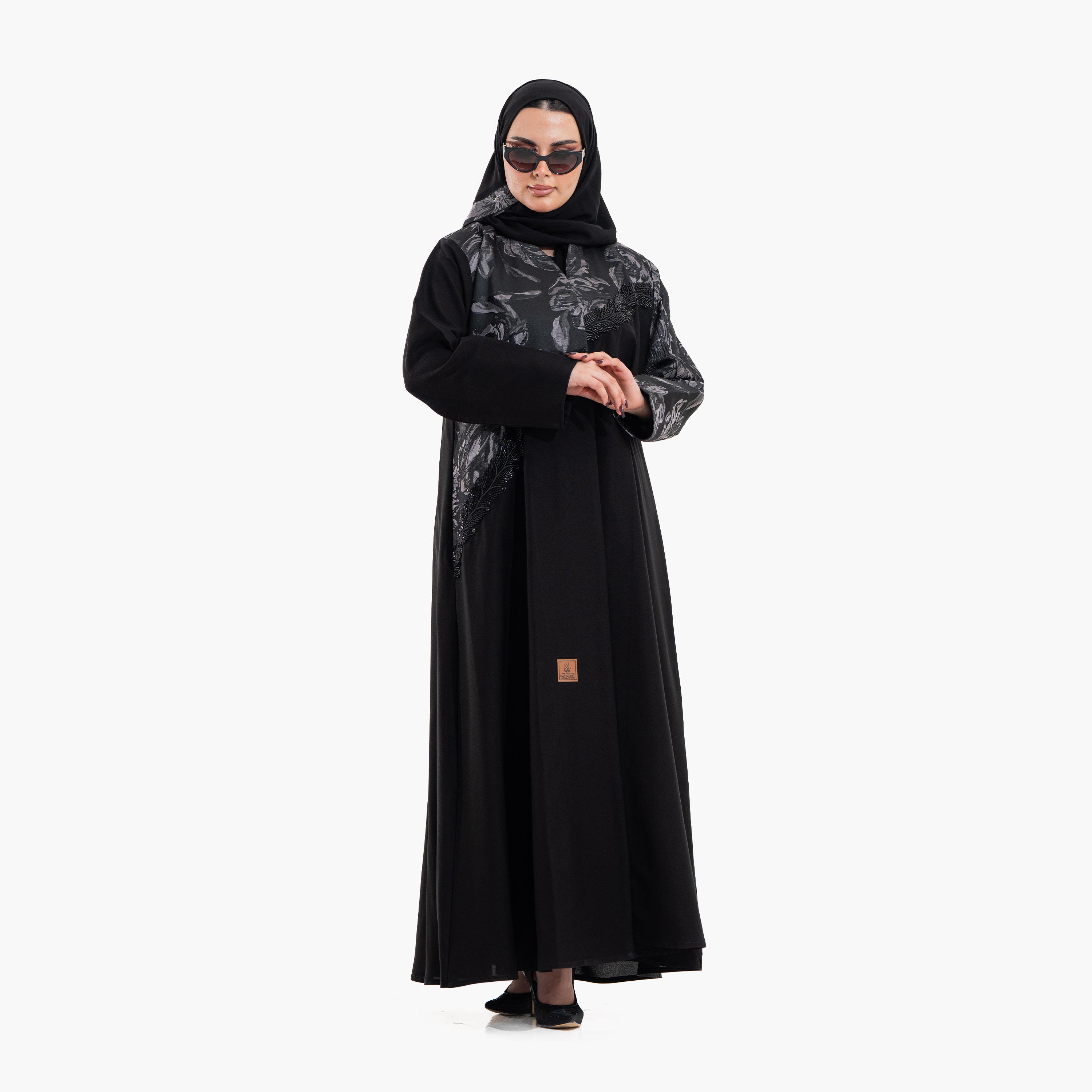 Zahiyh Black Beaded & Abstract Print Women's Evening Abaya with Hijab-women-arabicclothing-abayas-image-5