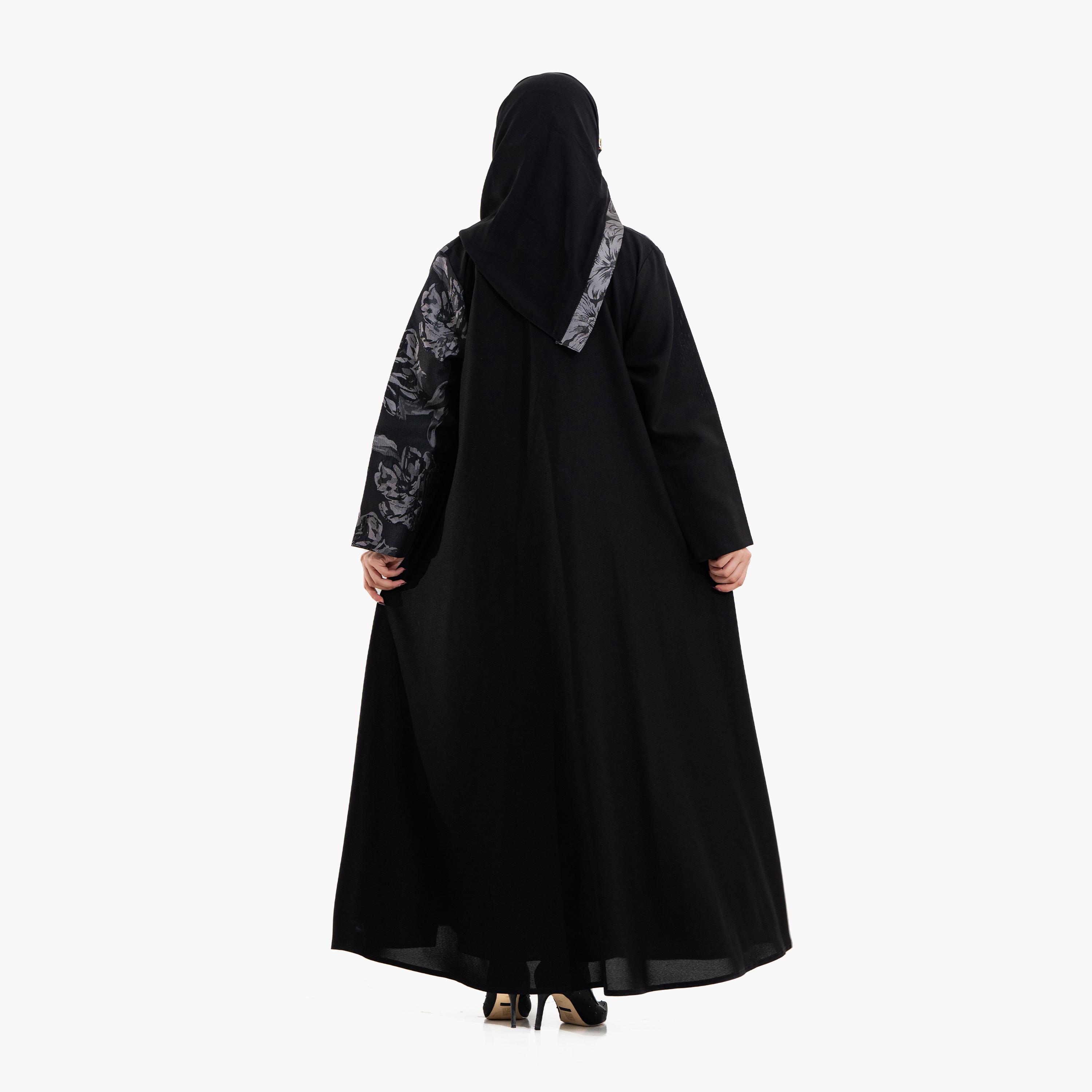 Zahiyh Black Beaded & Abstract Print Women's Evening Abaya with Hijab-women-arabicclothing-abayas-image-6