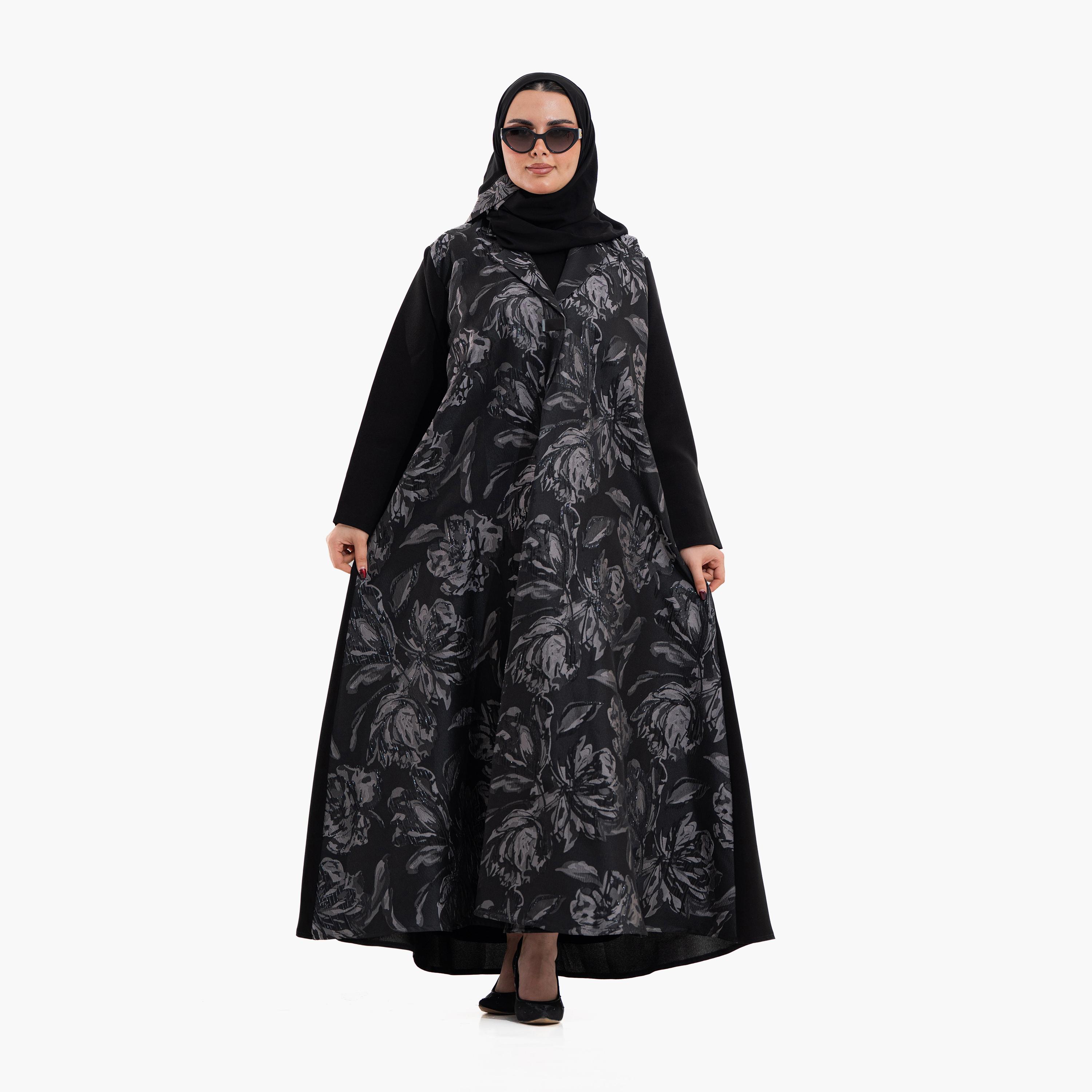 عباية نسائية بياقة "لابل" وطبعة "أبستراكت فلورال" مع حجاب - أسود من زاهية-women-arabicclothing-abayas-image-1
