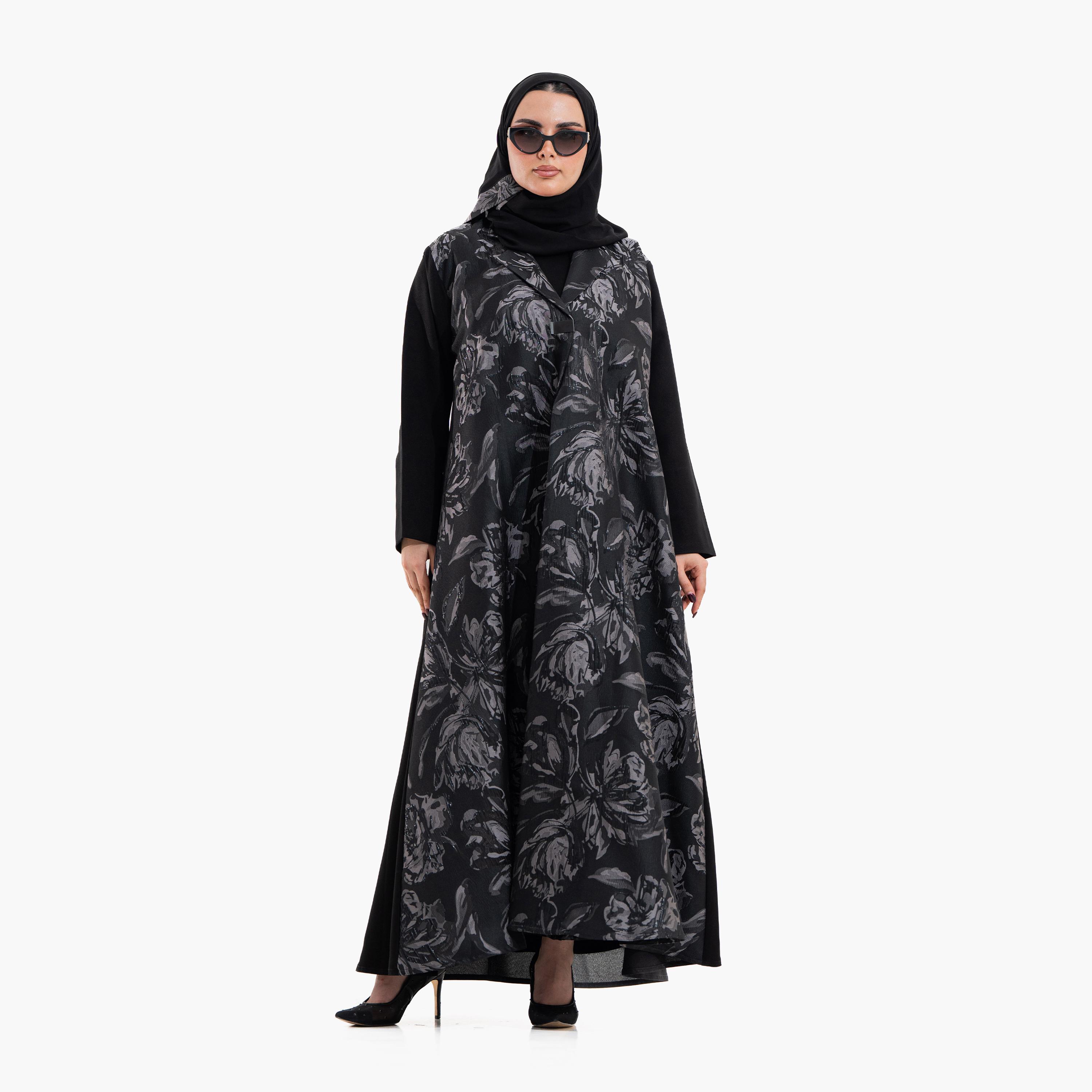 عباية نسائية بياقة "لابل" وطبعة "أبستراكت فلورال" مع حجاب - أسود من زاهية-women-arabicclothing-abayas-image-2