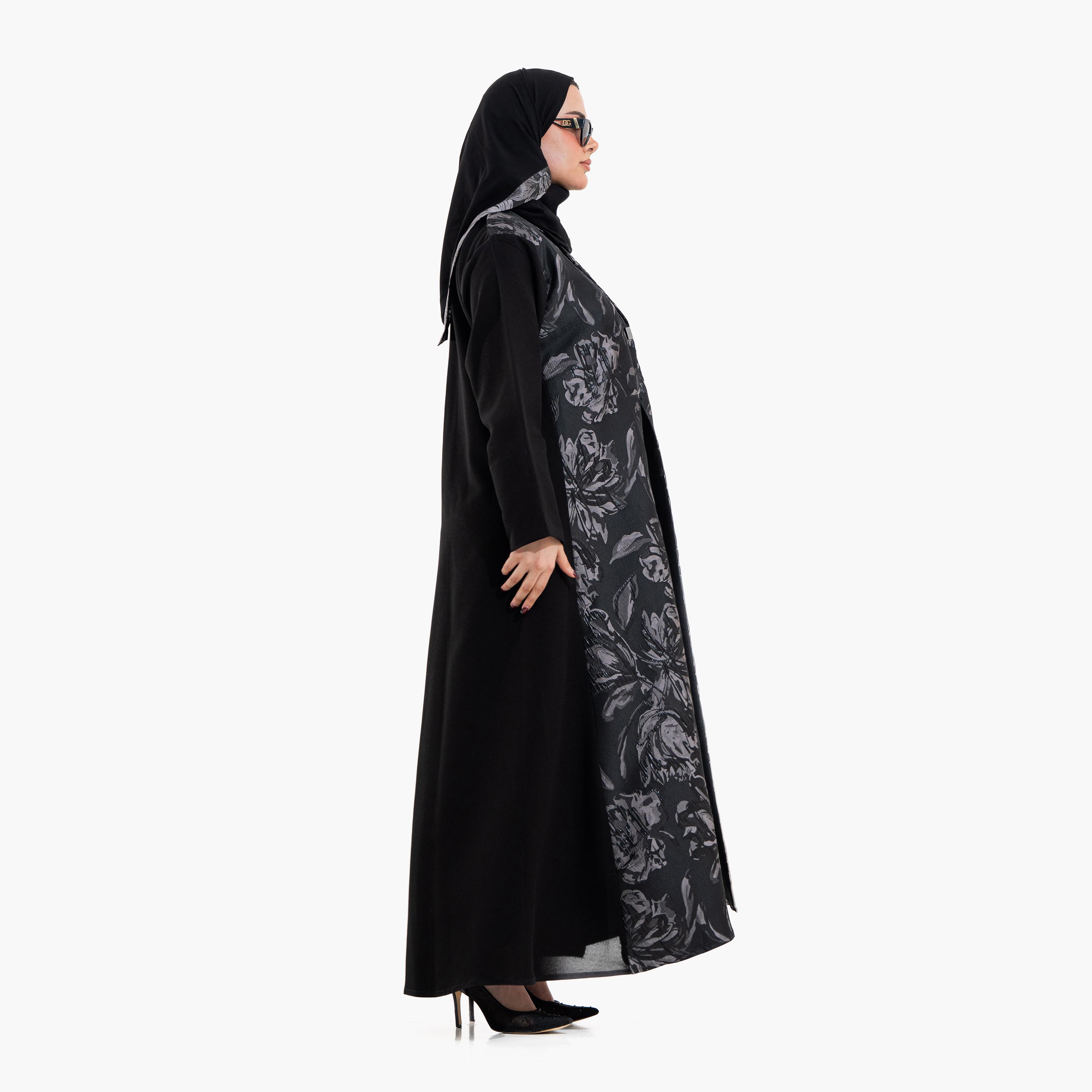 عباية نسائية بياقة "لابل" وطبعة "أبستراكت فلورال" مع حجاب - أسود من زاهية-women-arabicclothing-abayas-image-3