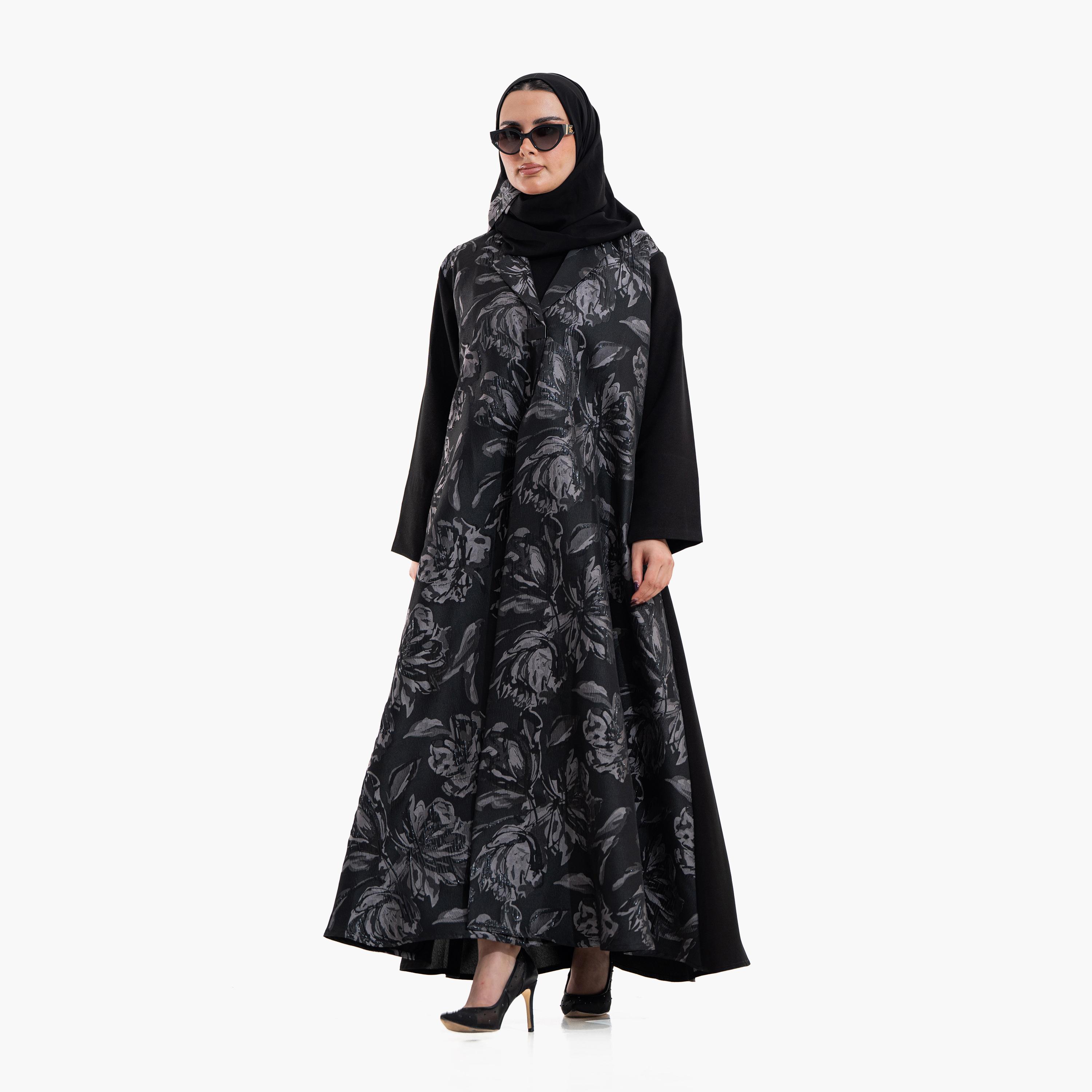 عباية نسائية بياقة "لابل" وطبعة "أبستراكت فلورال" مع حجاب - أسود من زاهية-women-arabicclothing-abayas-image-4