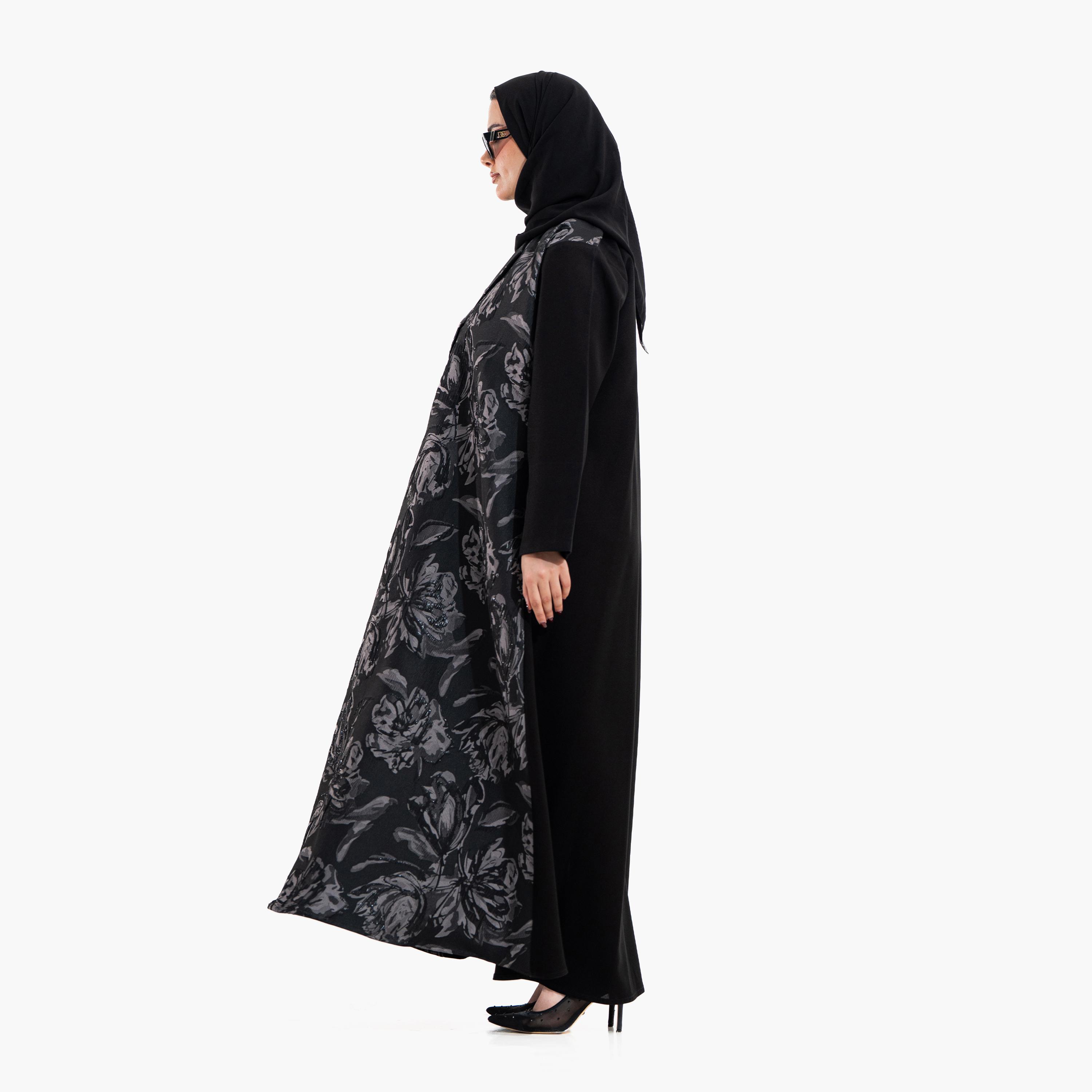 عباية نسائية بياقة "لابل" وطبعة "أبستراكت فلورال" مع حجاب - أسود من زاهية-women-arabicclothing-abayas-image-5