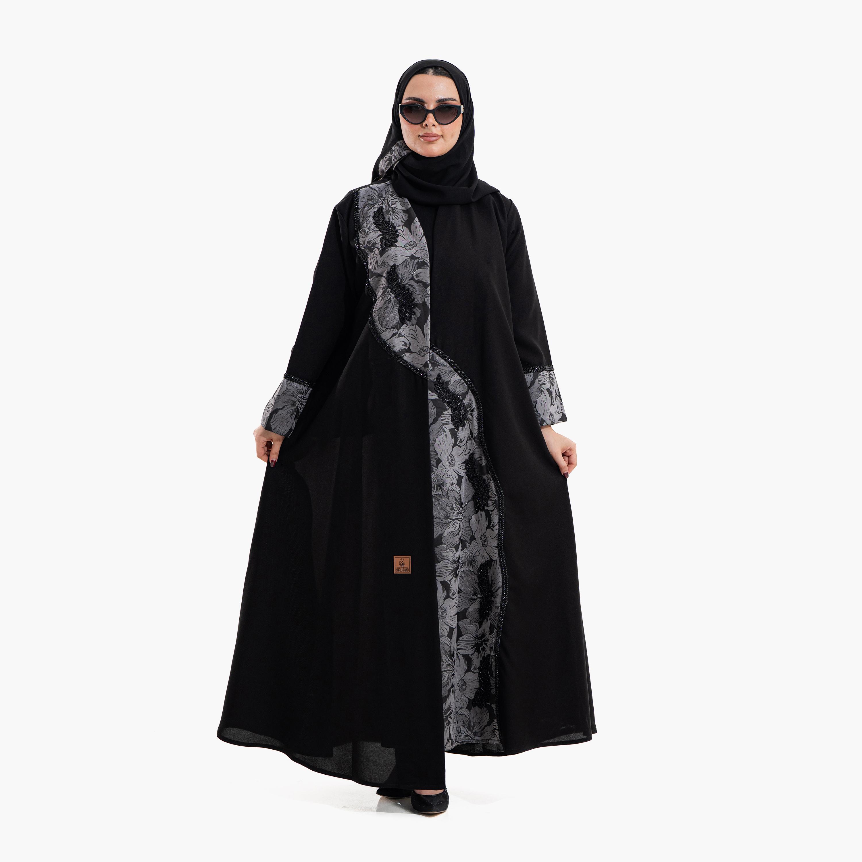 عباية سهرة نسائية بطبعة "فلورال" مع حجاب - أسود من زاهية-women-arabicclothing-abayas-image-1