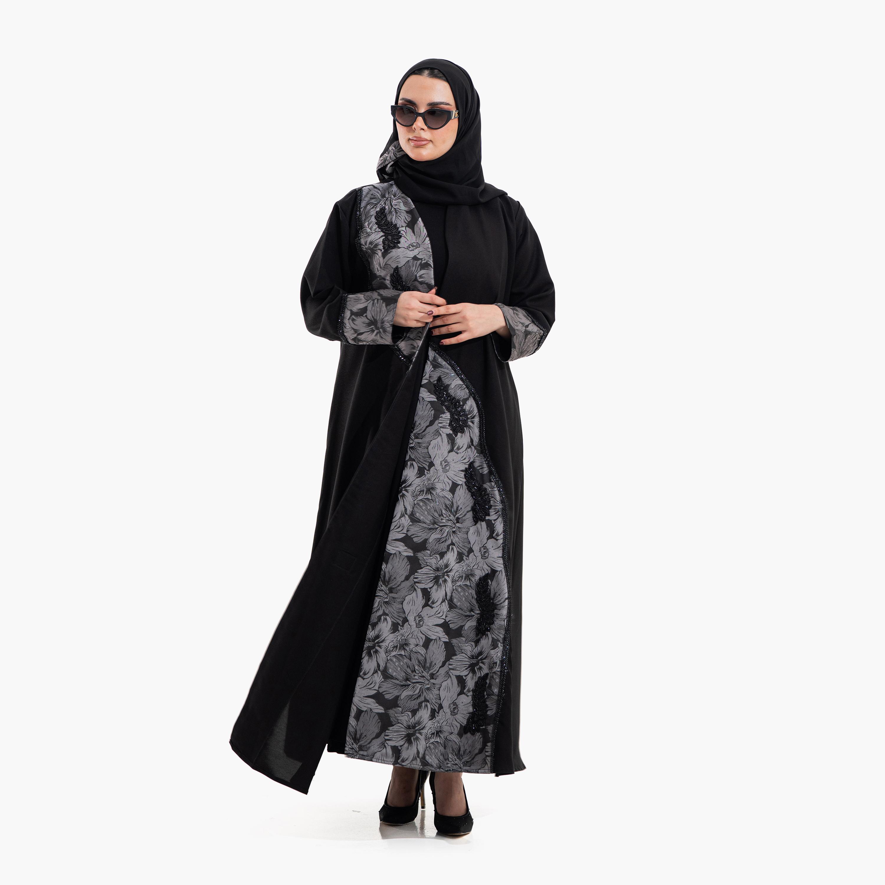 عباية سهرة نسائية بطبعة "فلورال" مع حجاب - أسود من زاهية-women-arabicclothing-abayas-image-2