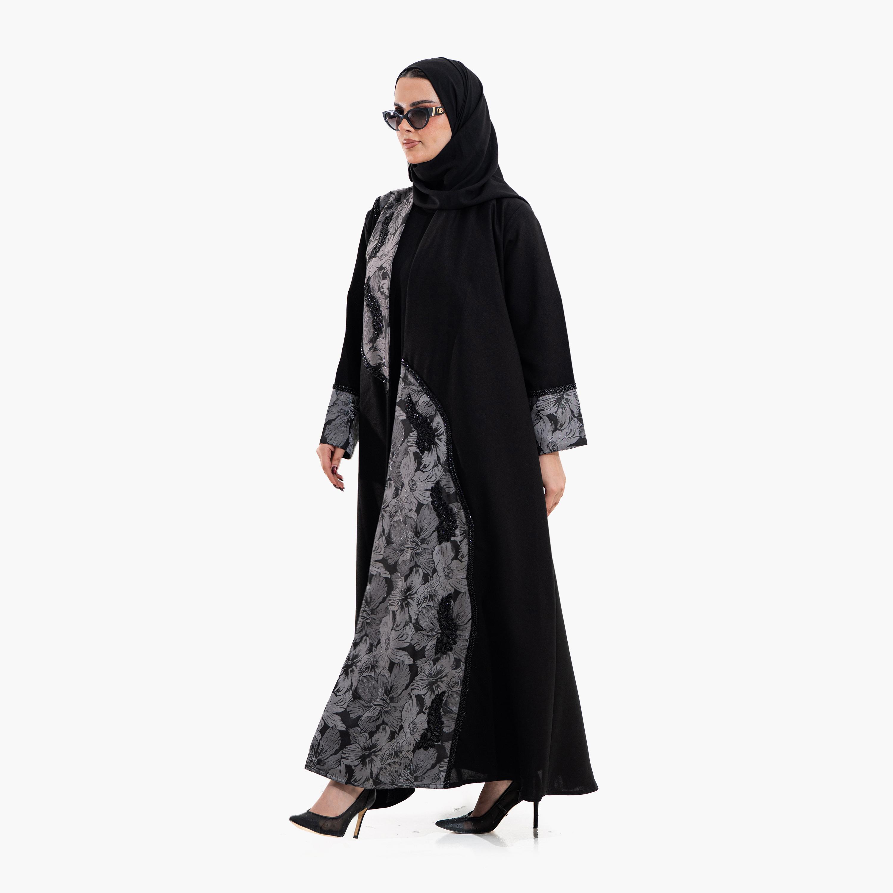 عباية سهرة نسائية بطبعة "فلورال" مع حجاب - أسود من زاهية-women-arabicclothing-abayas-image-3