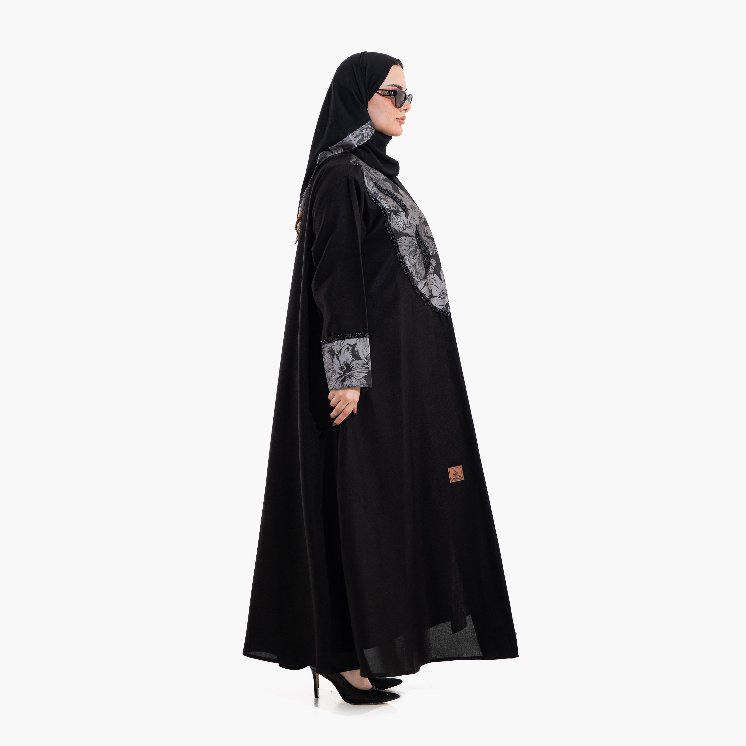 عباية سهرة نسائية بطبعة "فلورال" مع حجاب - أسود من زاهية-women-arabicclothing-abayas-image-4