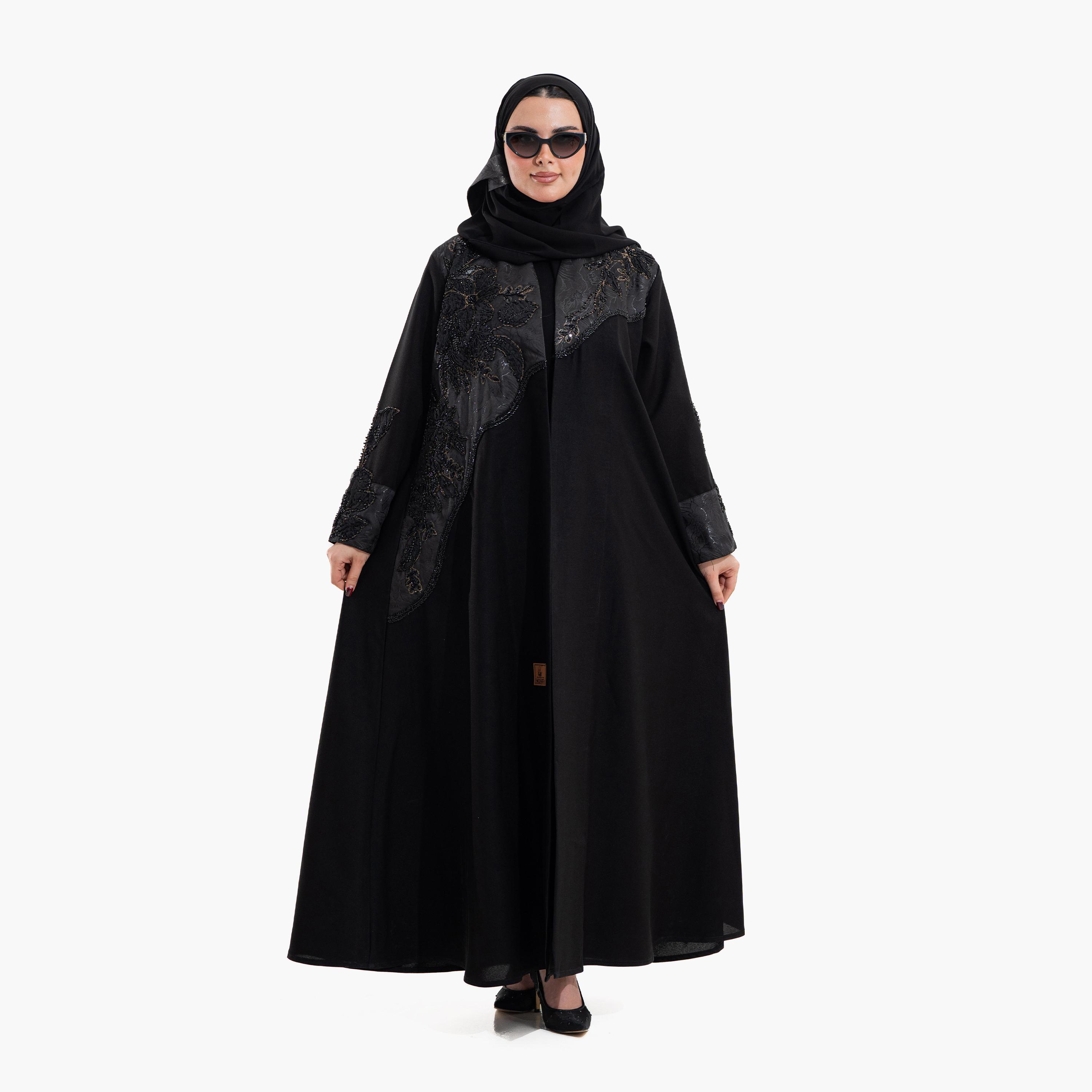 Zahiyh Black Floral Beaded Panel Women's Evening Abaya with Hijab-women-arabicclothing-abayas-image-1