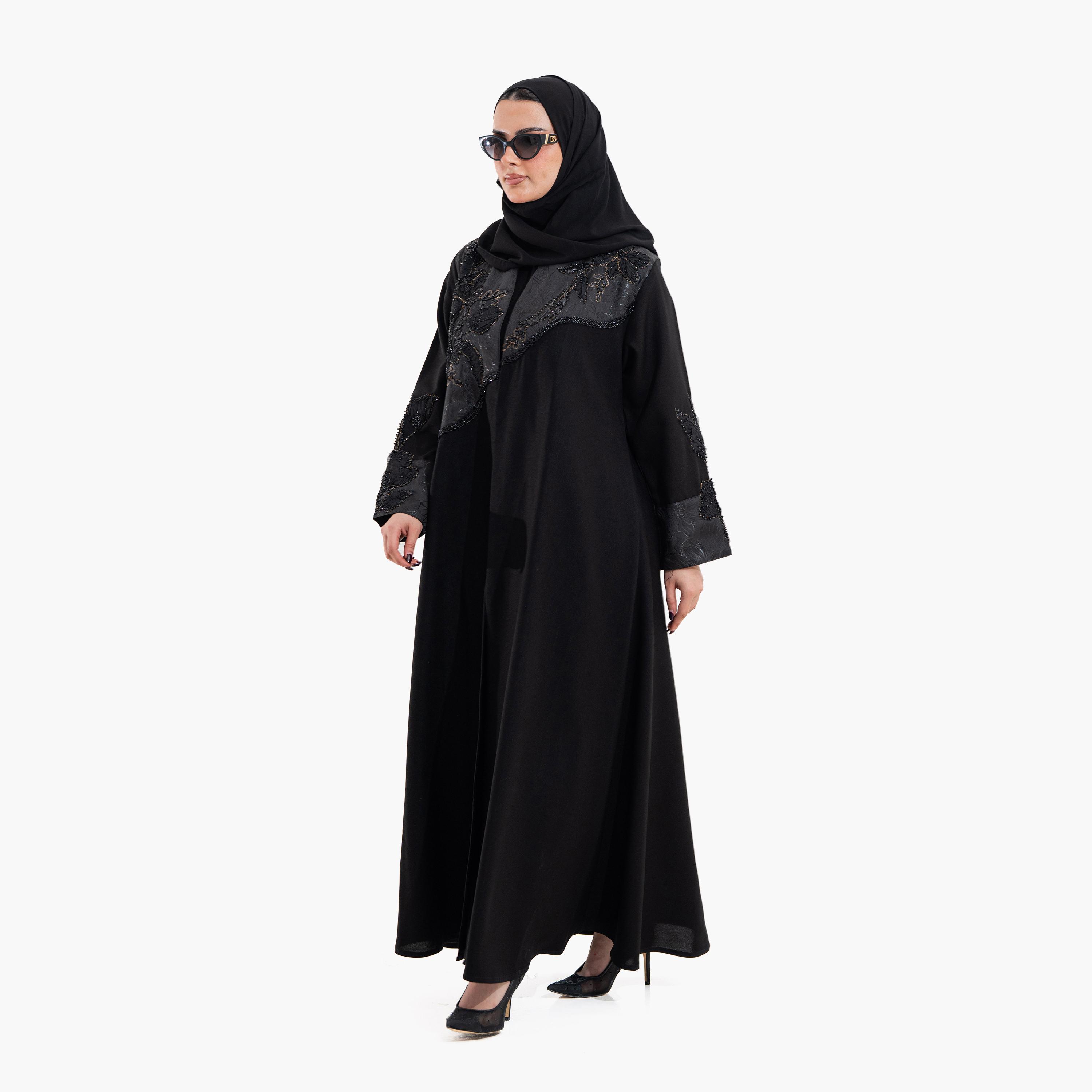 Zahiyh Black Floral Beaded Panel Women's Evening Abaya with Hijab-women-arabicclothing-abayas-image-2