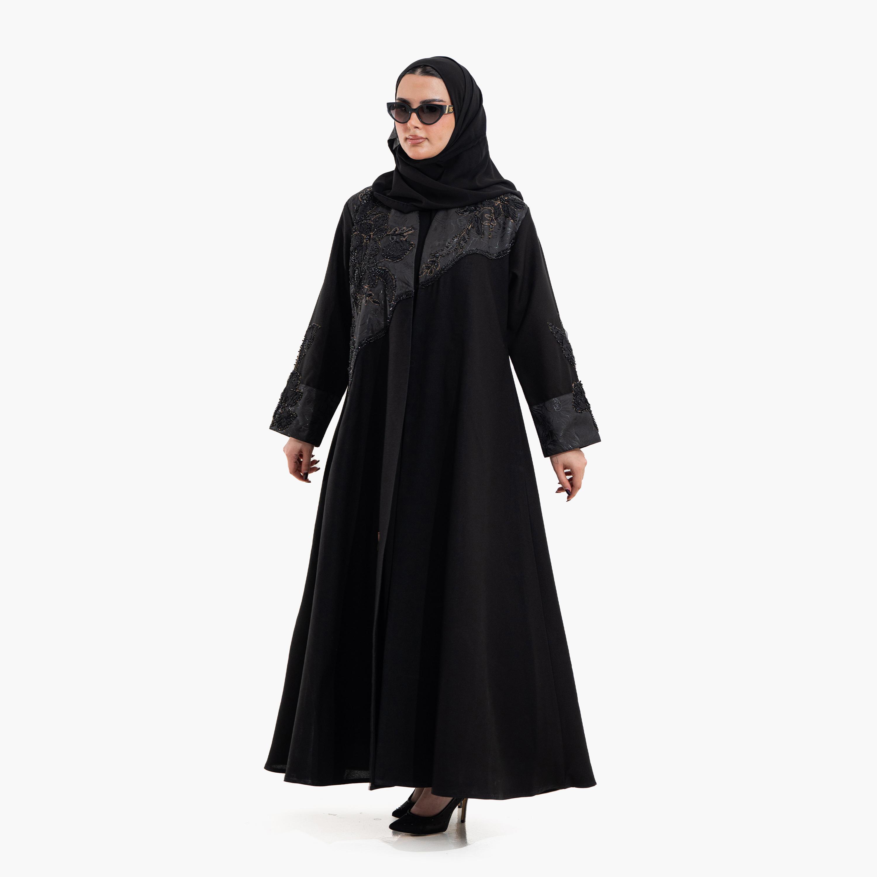 Zahiyh Black Floral Beaded Panel Women's Evening Abaya with Hijab-women-arabicclothing-abayas-image-3