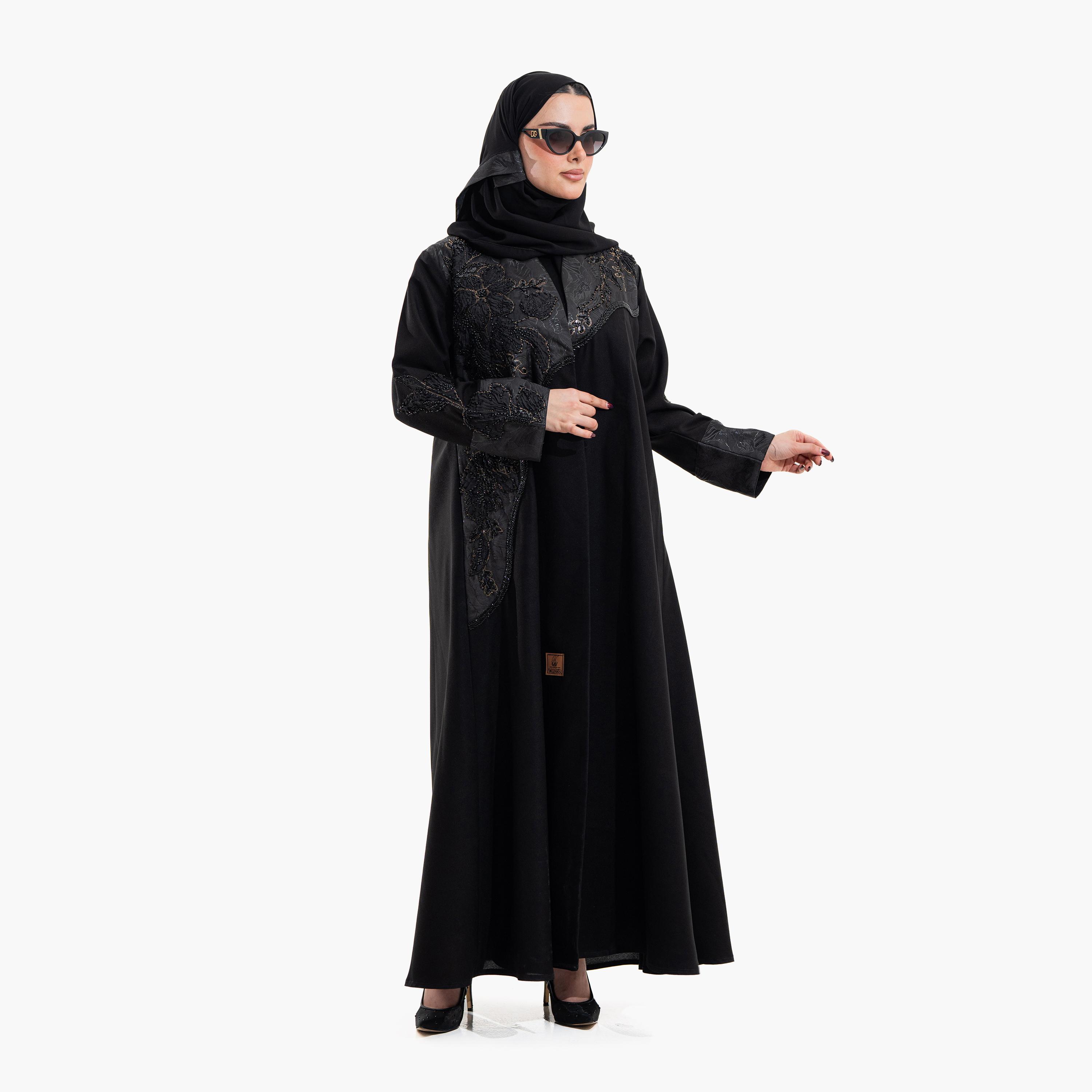 Zahiyh Black Floral Beaded Panel Women's Evening Abaya with Hijab-women-arabicclothing-abayas-image-4