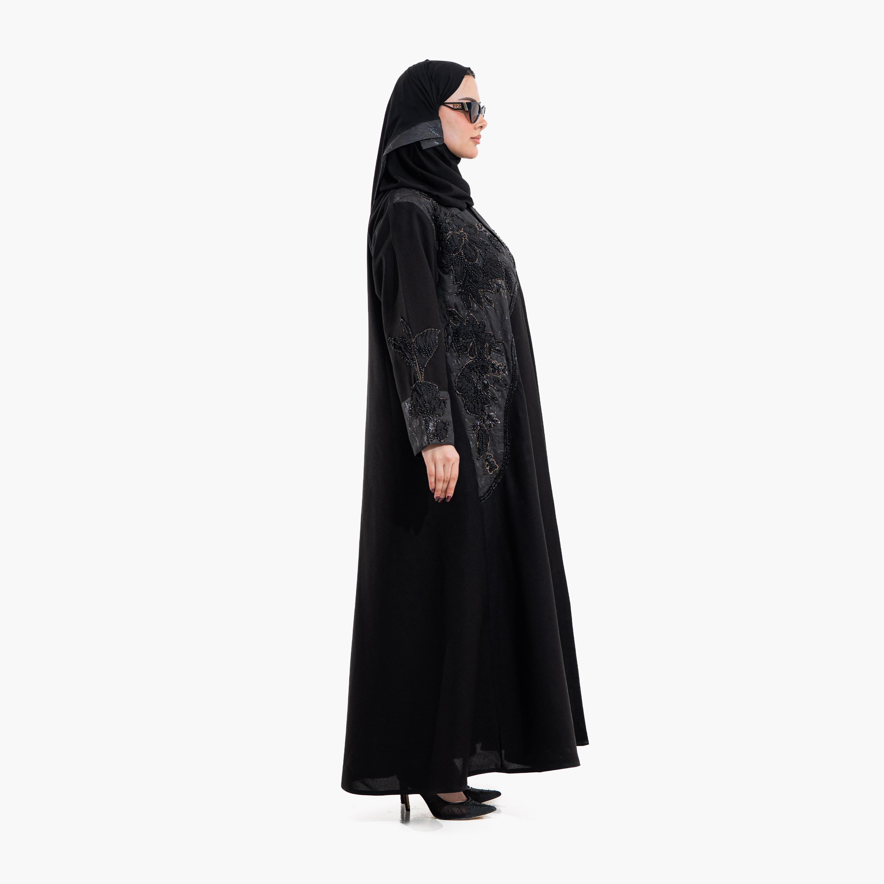 Zahiyh Black Floral Beaded Panel Women's Evening Abaya with Hijab-women-arabicclothing-abayas-image-5