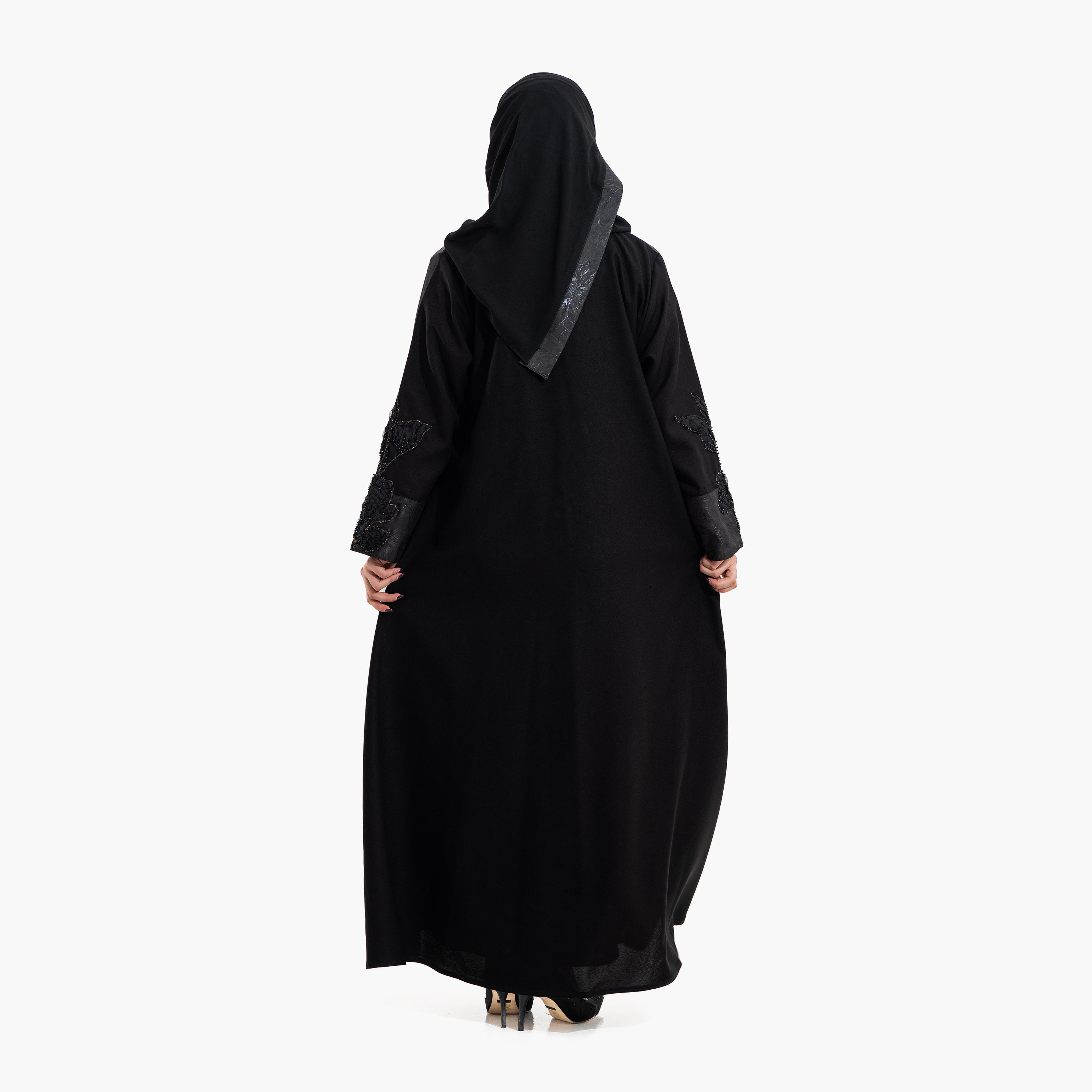 Zahiyh Black Floral Beaded Panel Women's Evening Abaya with Hijab-women-arabicclothing-abayas-image-6