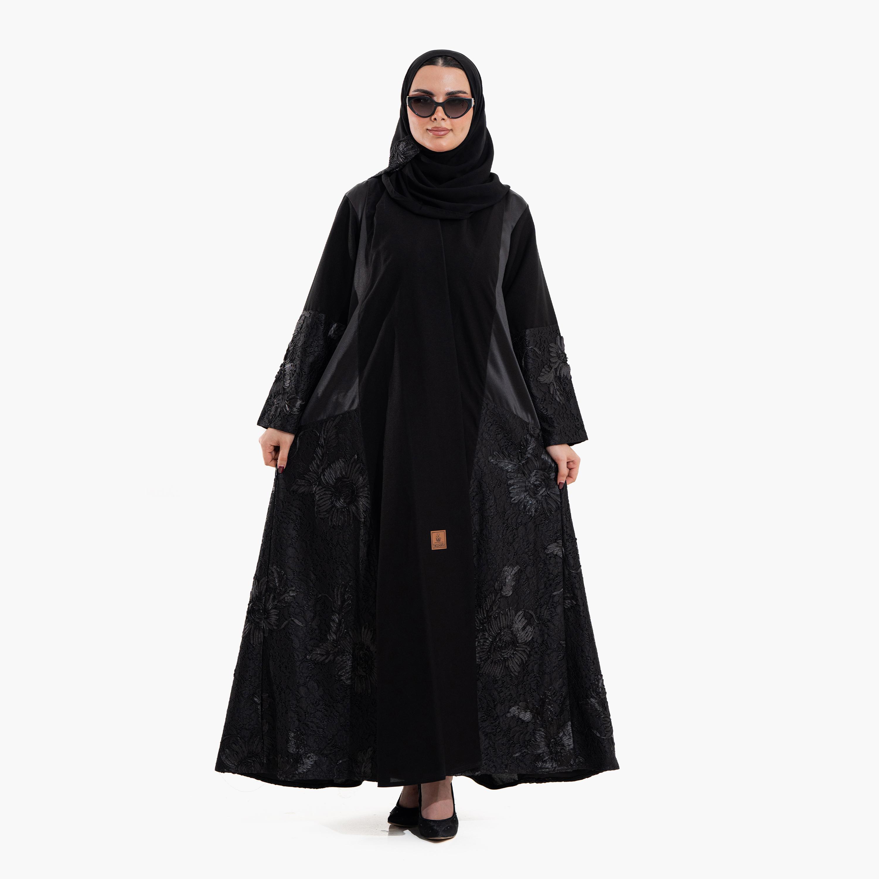 عباية سهرة نسائية بتطريز وقماش "فلورال ليس" مع حجاب - أسود من زاهية-women-arabicclothing-abayas-image-1