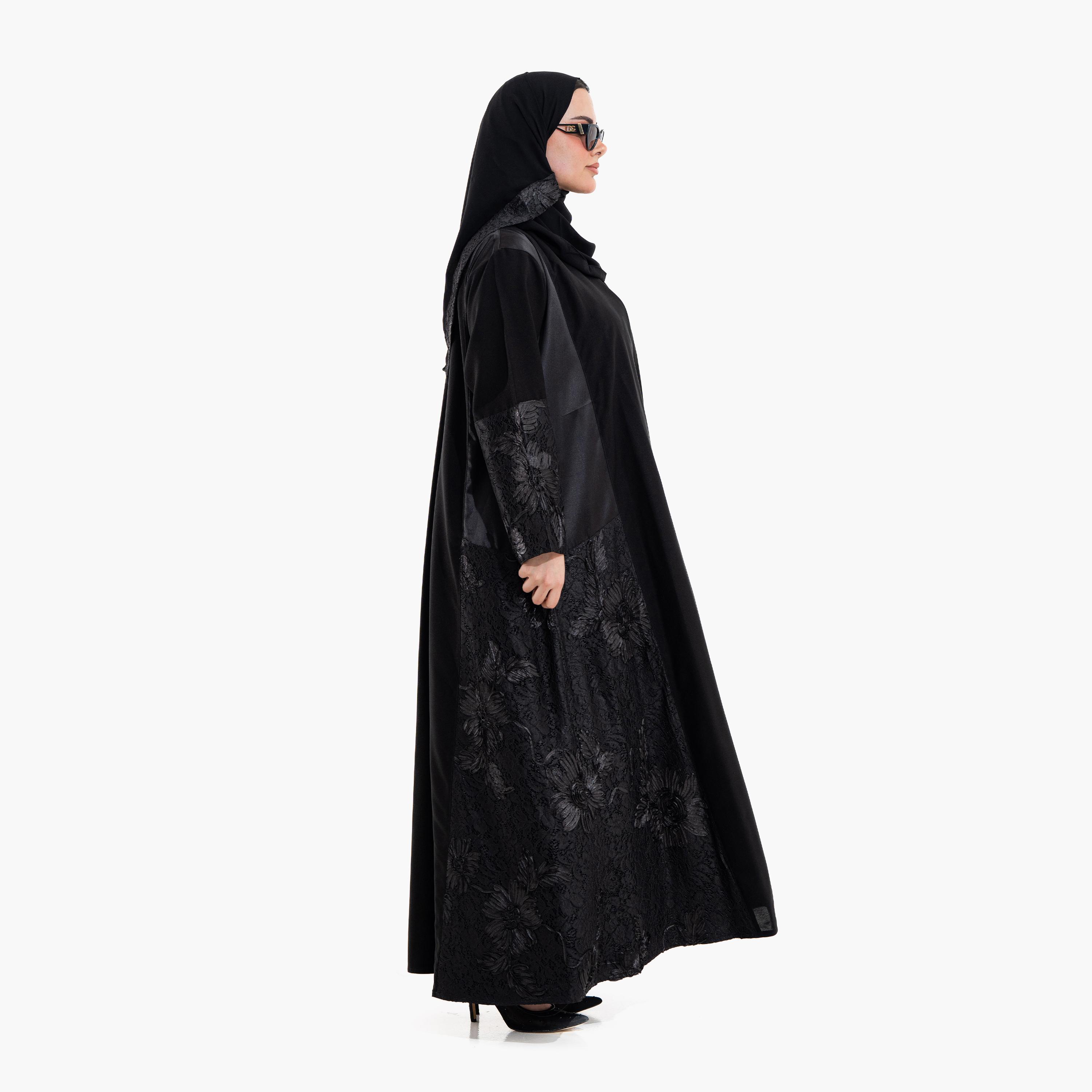 عباية سهرة نسائية بتطريز وقماش "فلورال ليس" مع حجاب - أسود من زاهية-women-arabicclothing-abayas-image-2