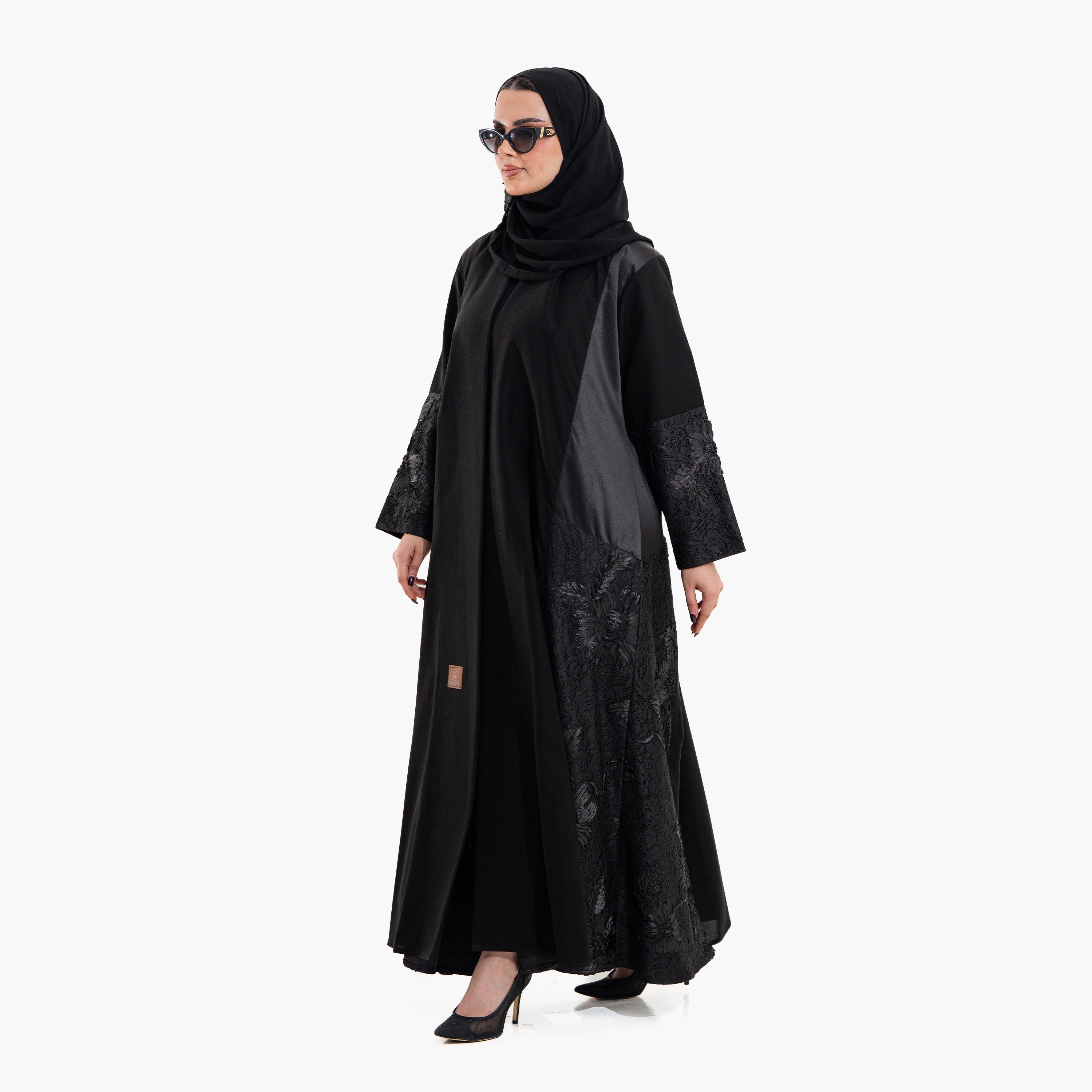 عباية سهرة نسائية بتطريز وقماش "فلورال ليس" مع حجاب - أسود من زاهية-women-arabicclothing-abayas-image-4