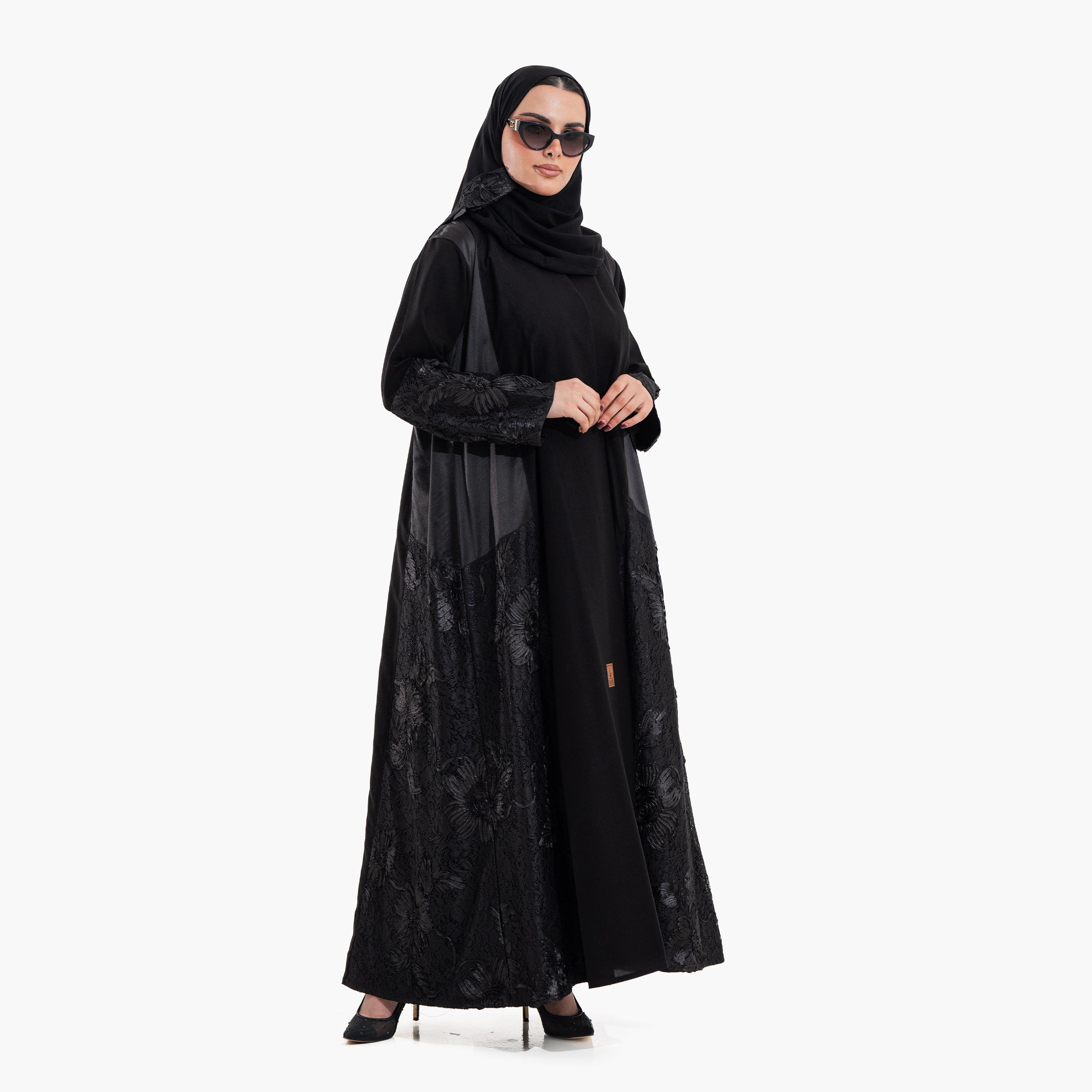 عباية سهرة نسائية بتطريز وقماش "فلورال ليس" مع حجاب - أسود من زاهية-women-arabicclothing-abayas-image-5