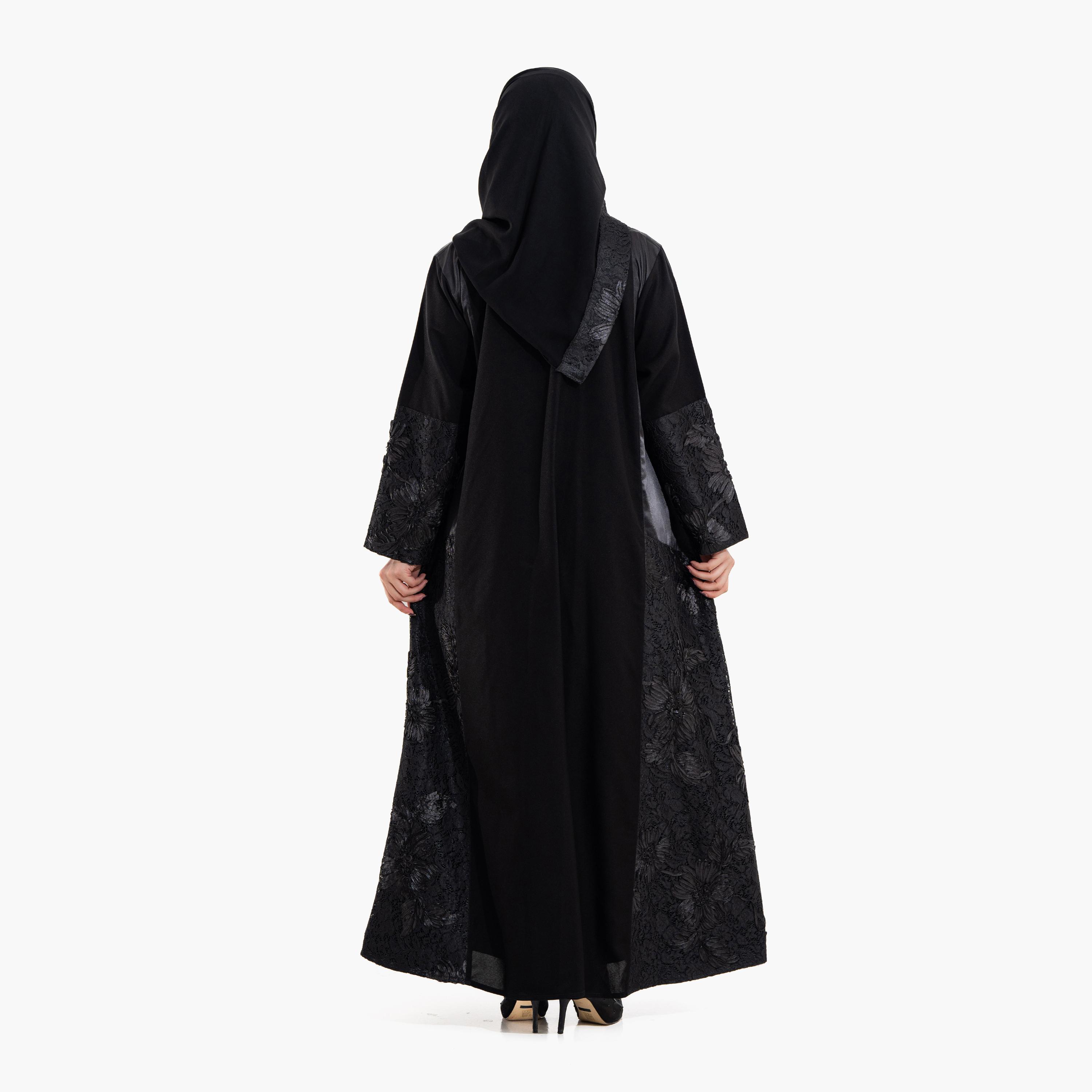 عباية سهرة نسائية بتطريز وقماش "فلورال ليس" مع حجاب - أسود من زاهية-women-arabicclothing-abayas-image-6