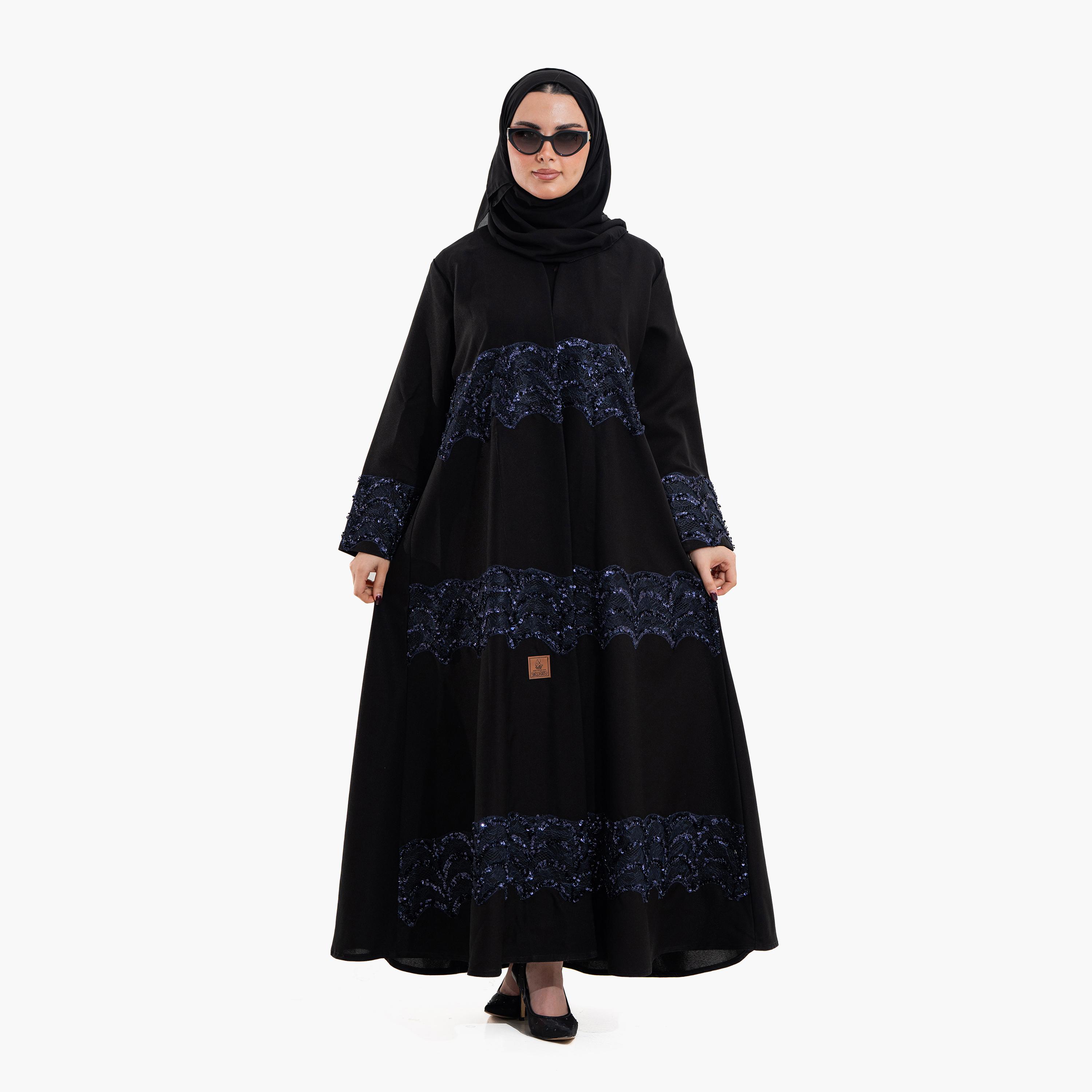 عباية سهرة نسائية بقماش "سيكويند ليس" مع حجاب - أسود وأزرق من زاهية-women-arabicclothing-abayas-image-1