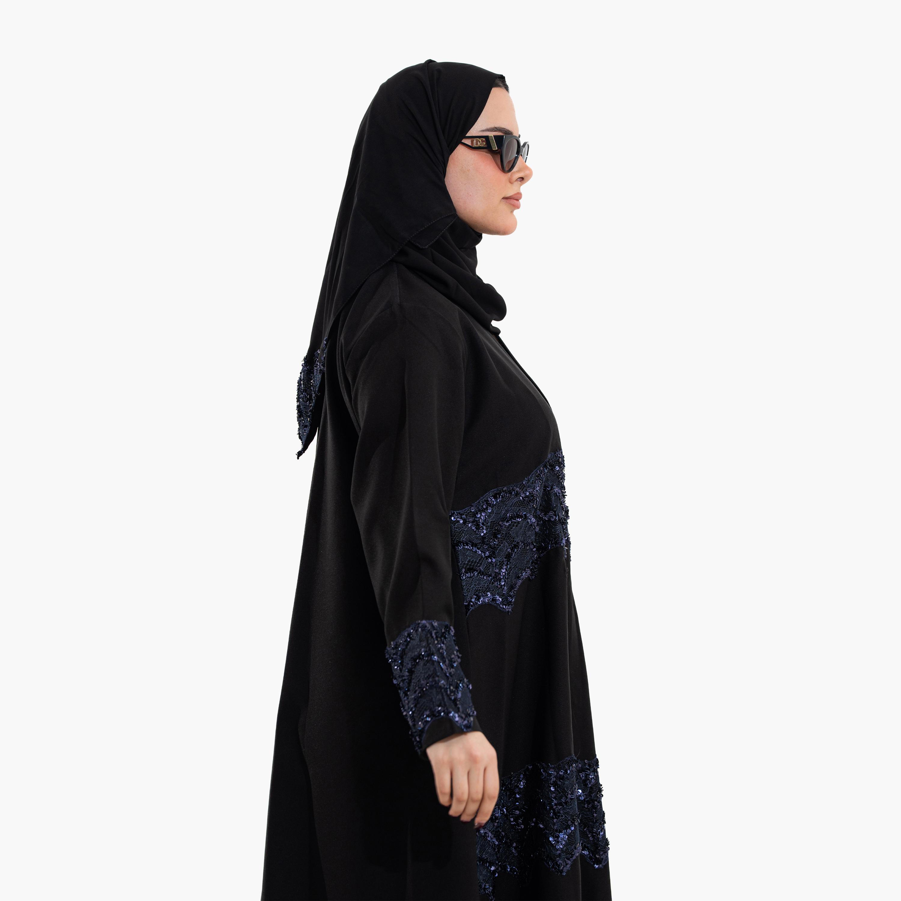 عباية سهرة نسائية بقماش "سيكويند ليس" مع حجاب - أسود وأزرق من زاهية-women-arabicclothing-abayas-image-2
