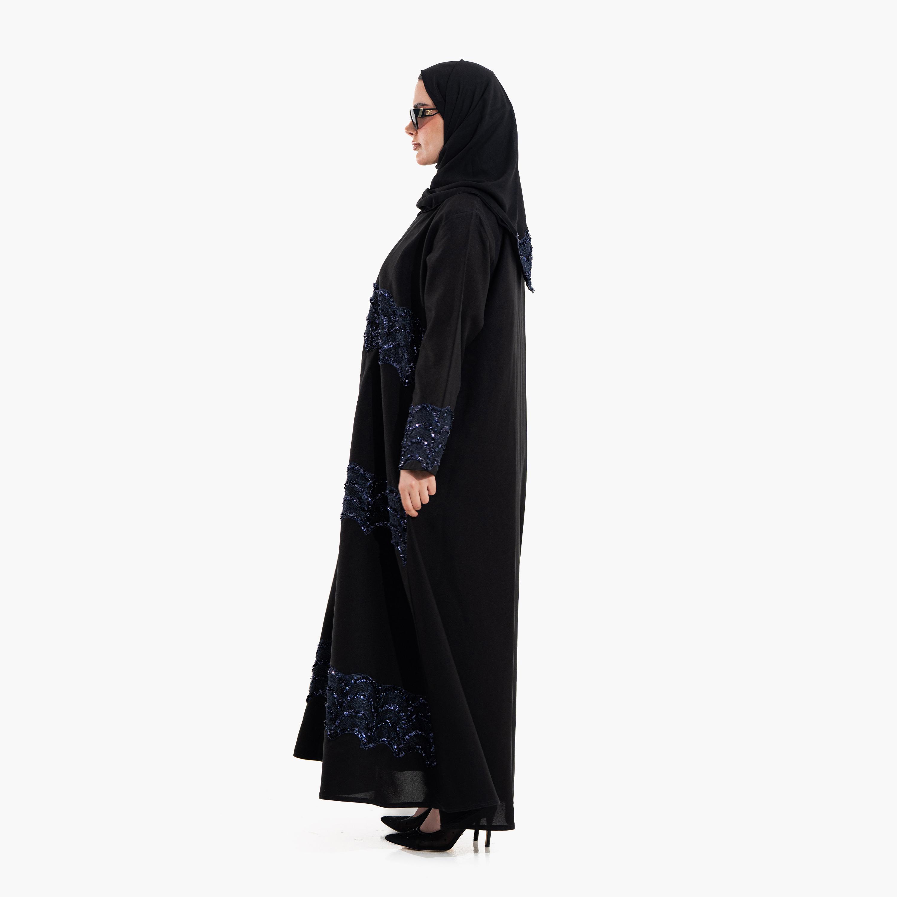 عباية سهرة نسائية بقماش "سيكويند ليس" مع حجاب - أسود وأزرق من زاهية-women-arabicclothing-abayas-image-3