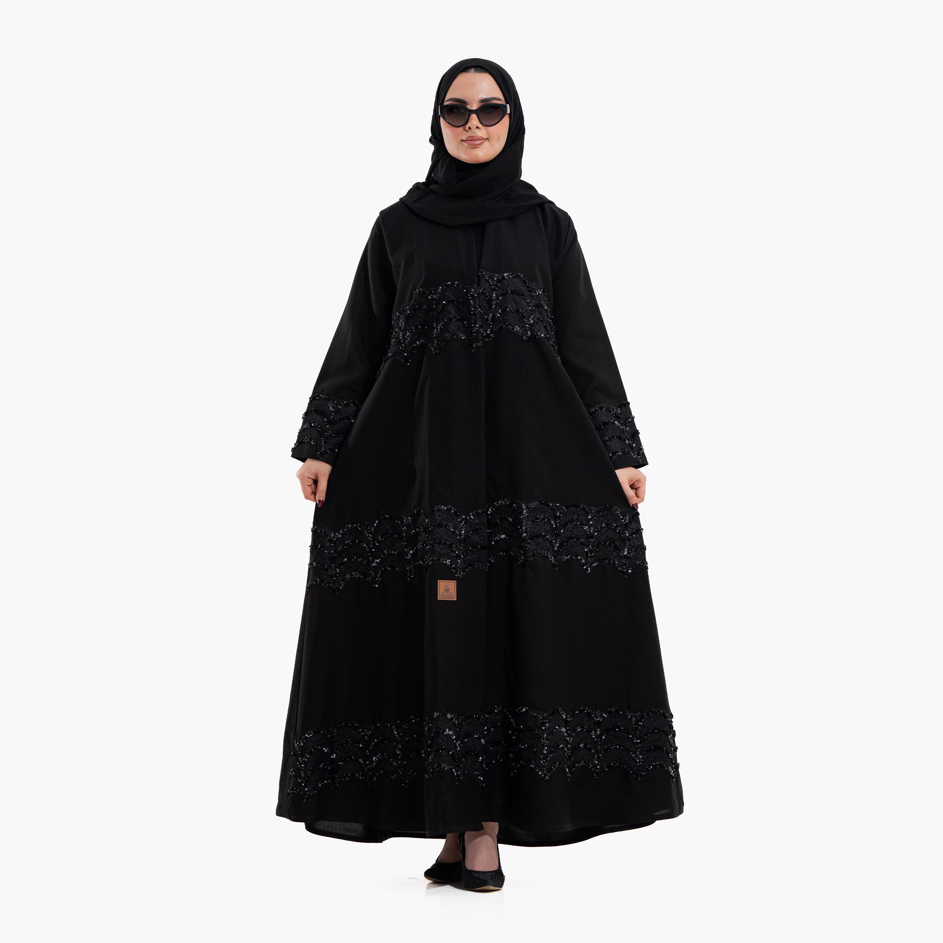 Zahiyh Black Sequined Lace Women's Evening Abaya with Hijab-women-arabicclothing-abayas-image-1
