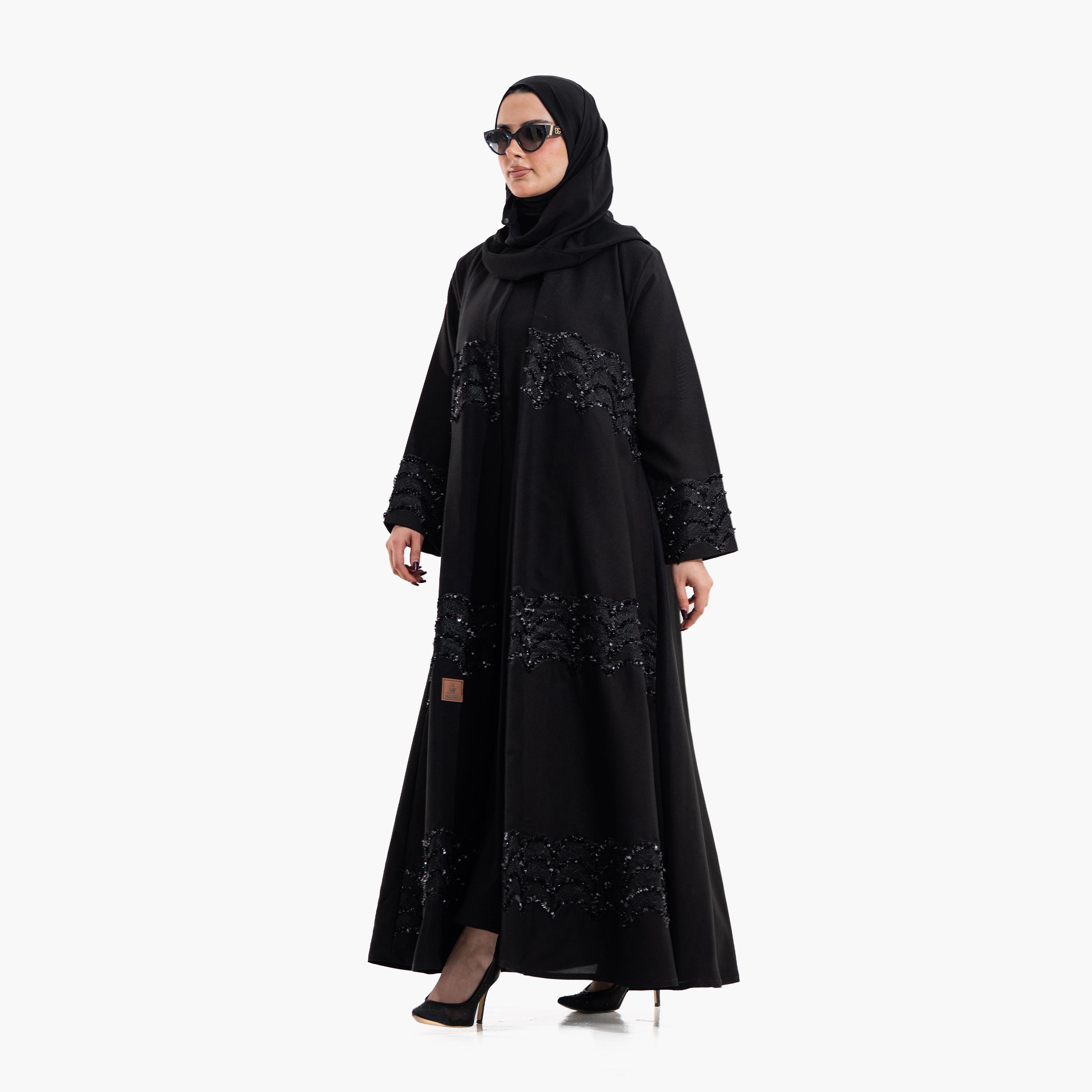 Zahiyh Black Sequined Lace Women's Evening Abaya with Hijab-women-arabicclothing-abayas-image-2