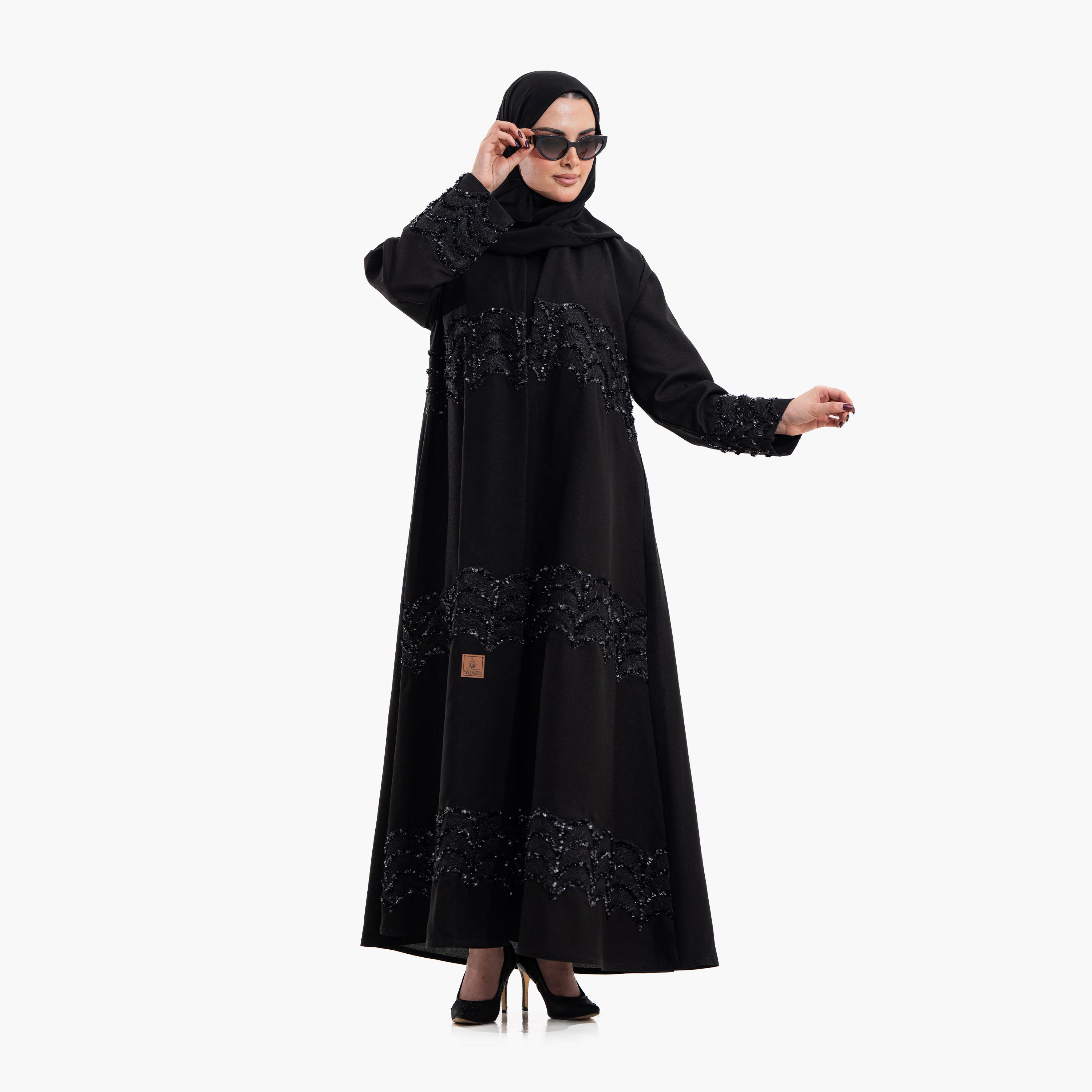 Zahiyh Black Sequined Lace Women's Evening Abaya with Hijab-women-arabicclothing-abayas-image-3