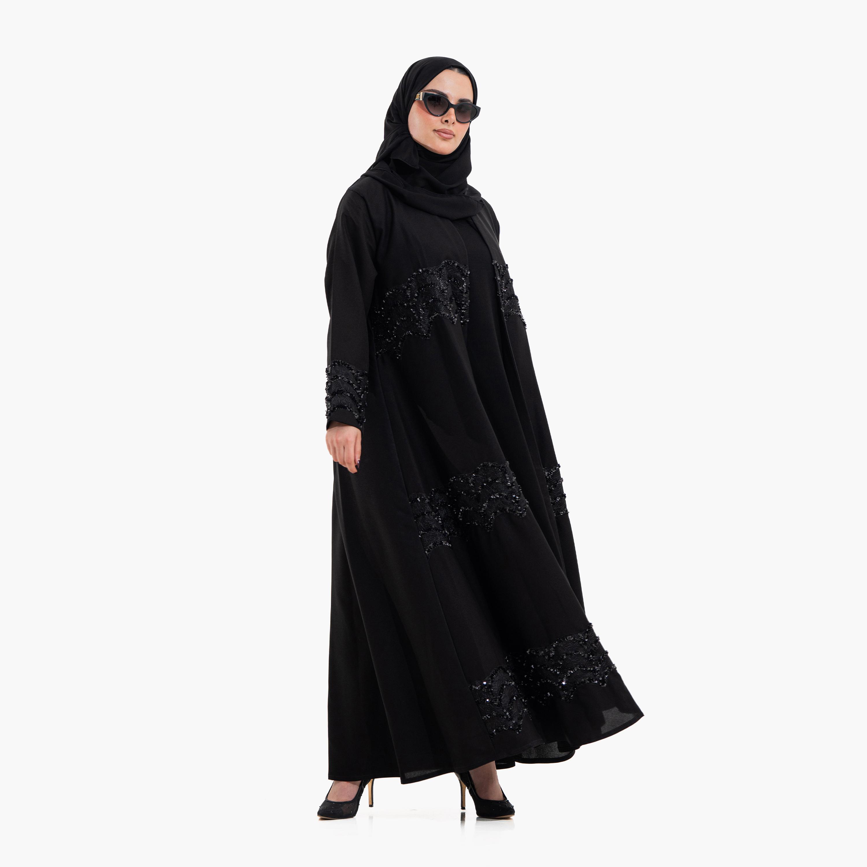 Zahiyh Black Sequined Lace Women's Evening Abaya with Hijab-women-arabicclothing-abayas-image-4