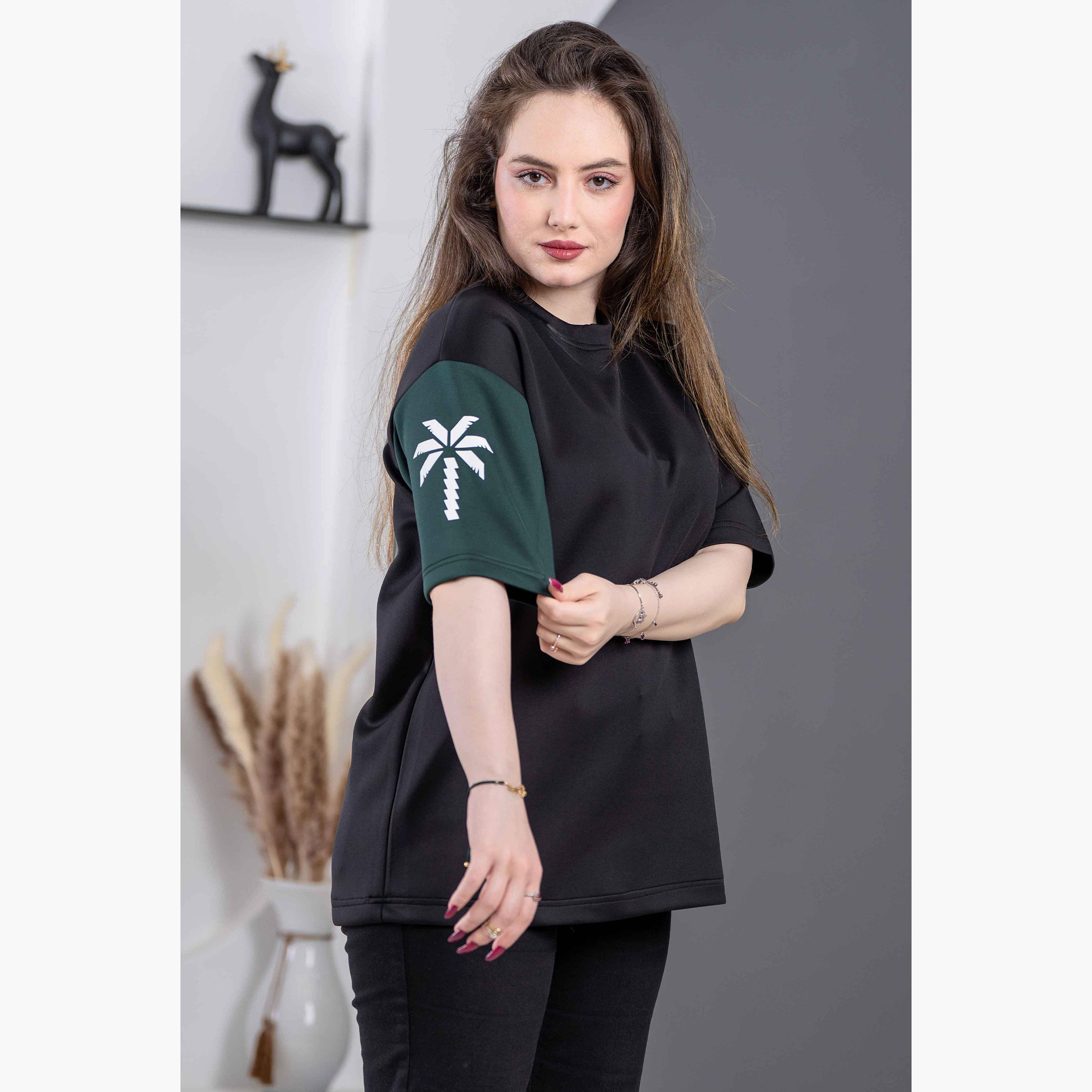 sanefn Black and Green KSA National Day Graphic Print Women's T-Shirt-women-clothing-tshirts-image-1