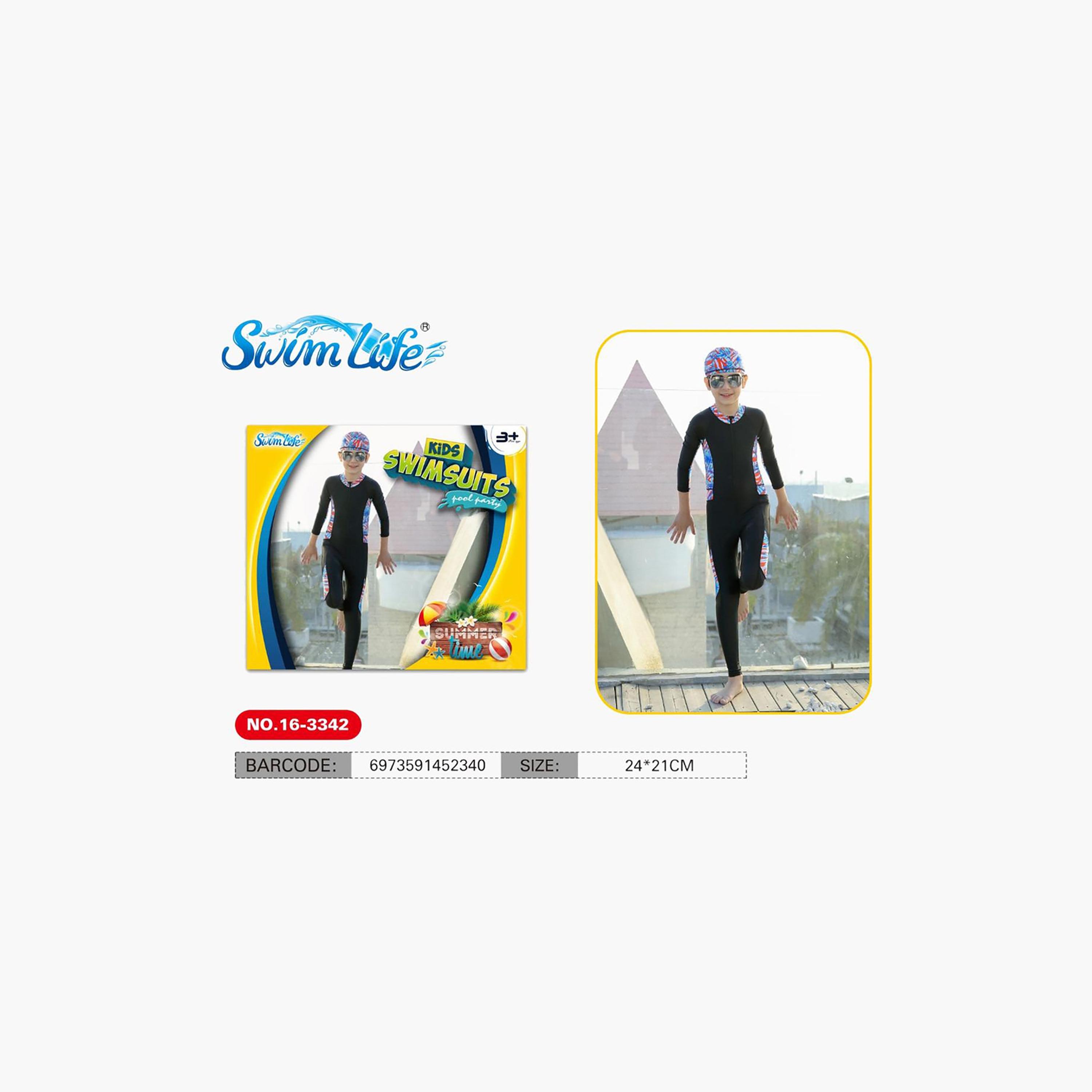Swim Life Printed Swim Suit with Long Sleeves and Cap-sports-girls-clothing-swimwear-image-2