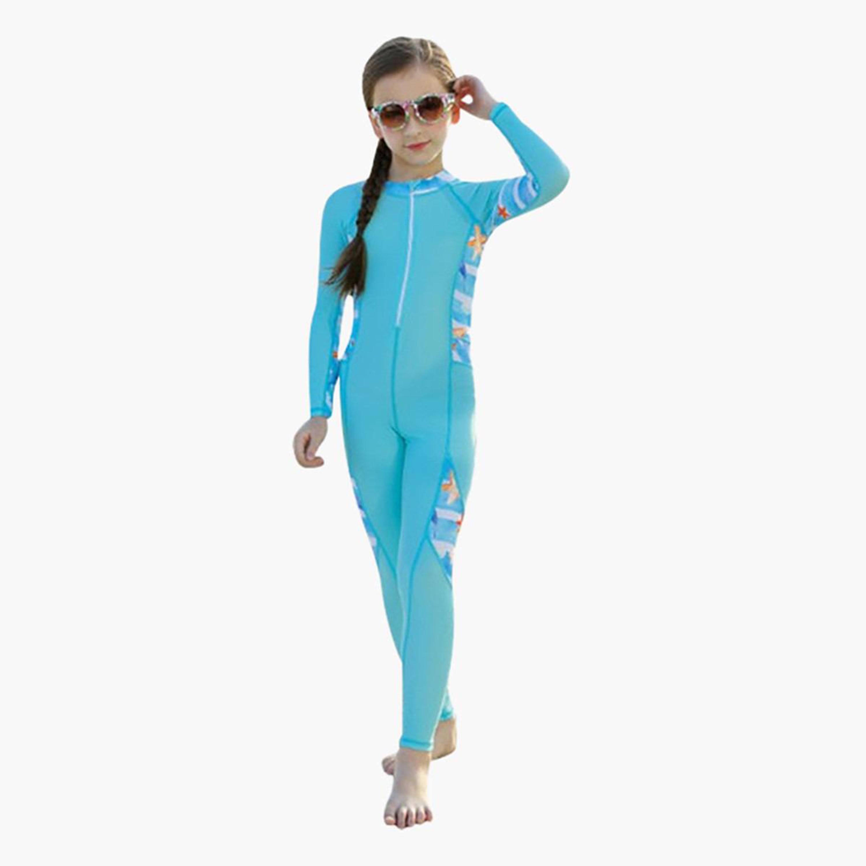 Swim Life Printed Swim Suit with Long Sleeves and Cap-sports-girls-clothing-swimwear-image-1