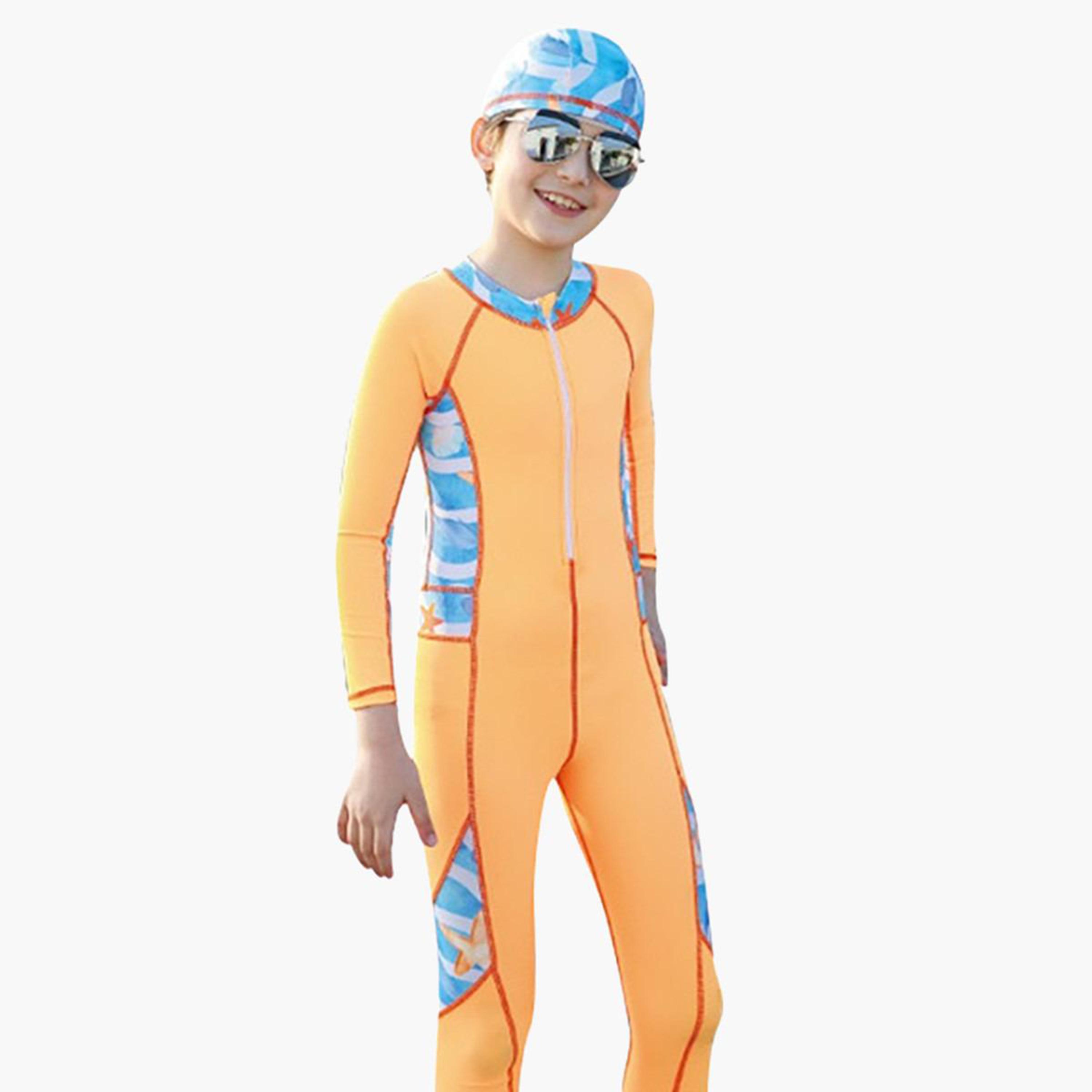 Swim Life Printed Swim Suit with Long Sleeves and Cap-sports-girls-clothing-swimwear-image-1