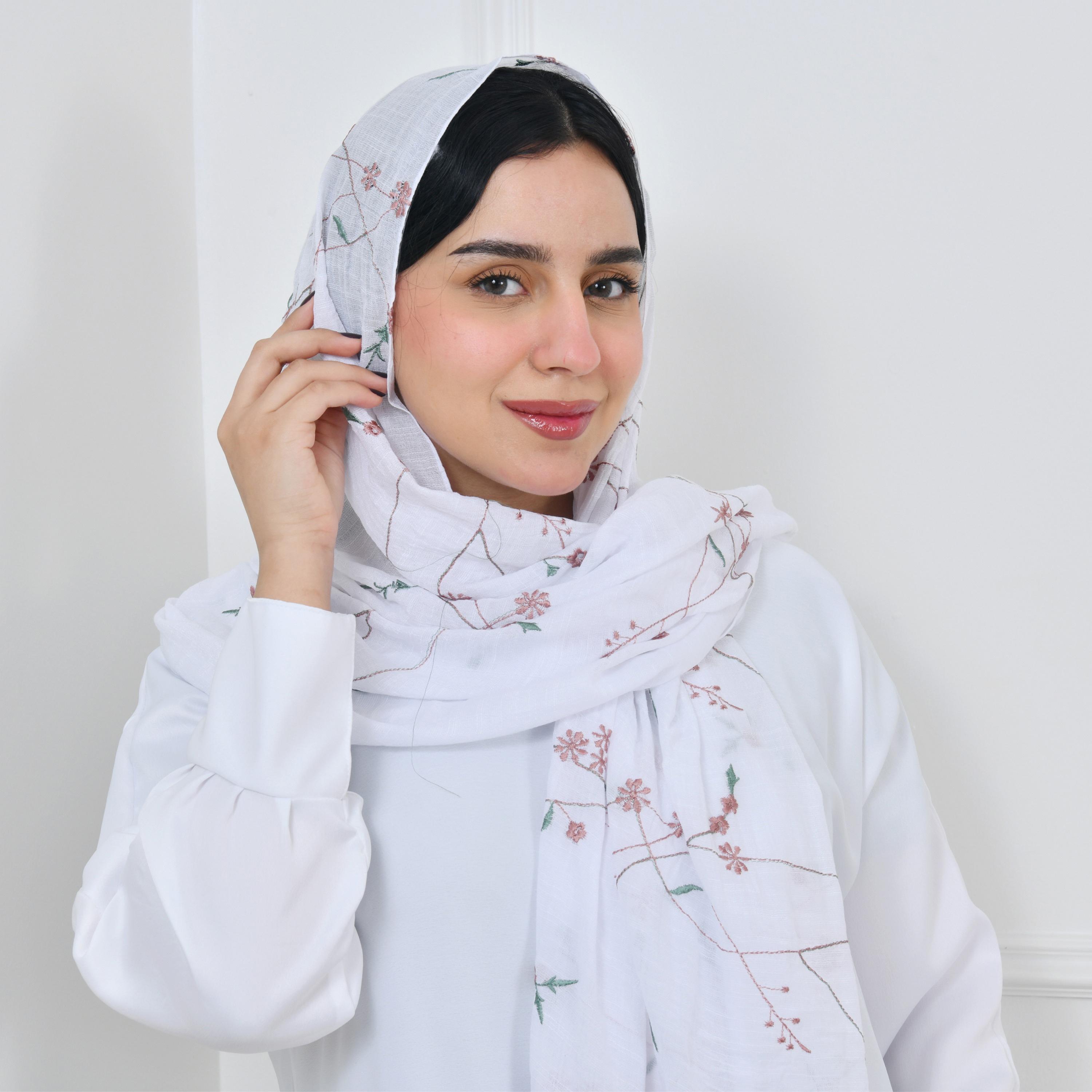 Hawraa White Embroidered Linen Women Hijab-women-arabicclothing-headscarf-hijab-image-1