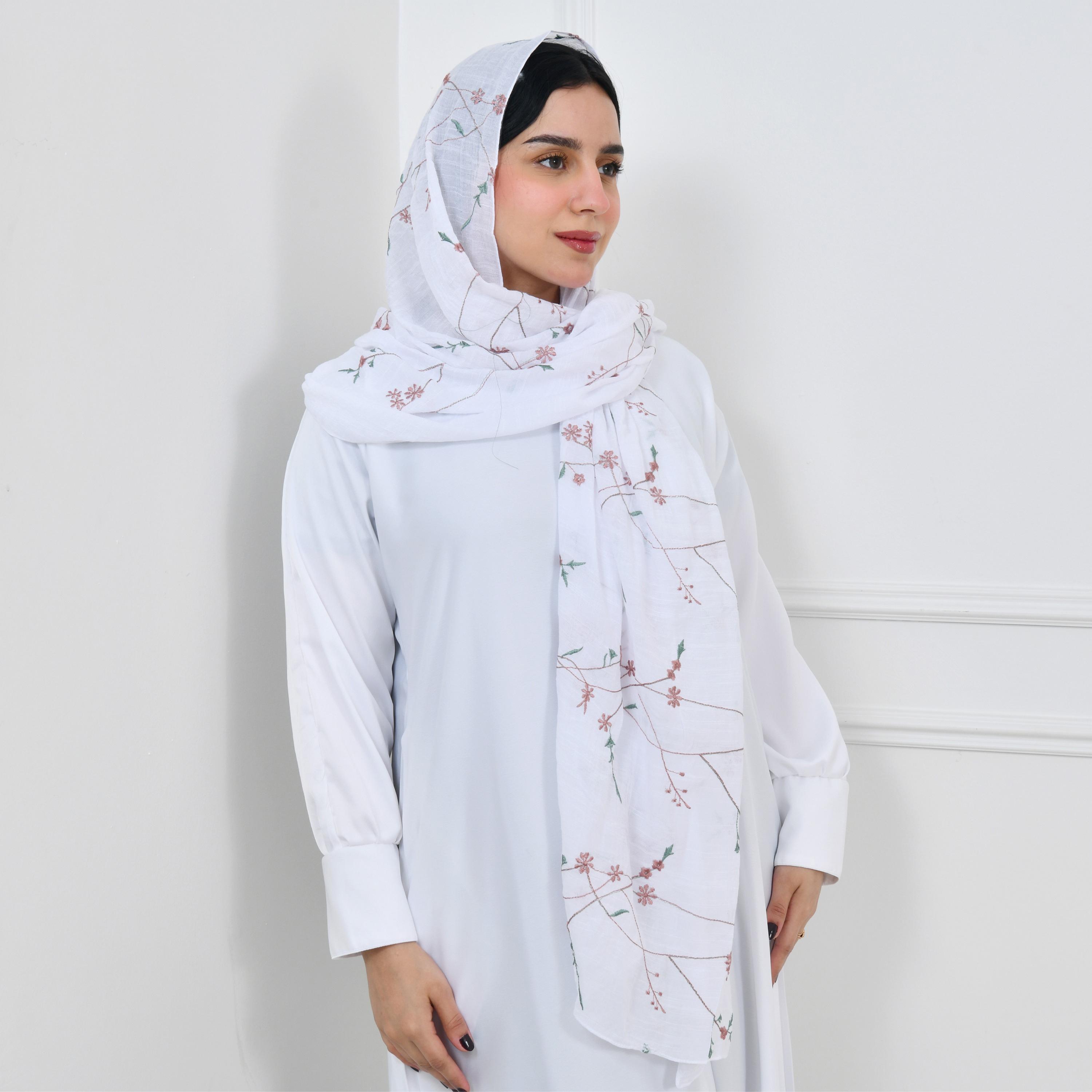 Hawraa White Embroidered Linen Women Hijab-women-arabicclothing-headscarf-hijab-image-2