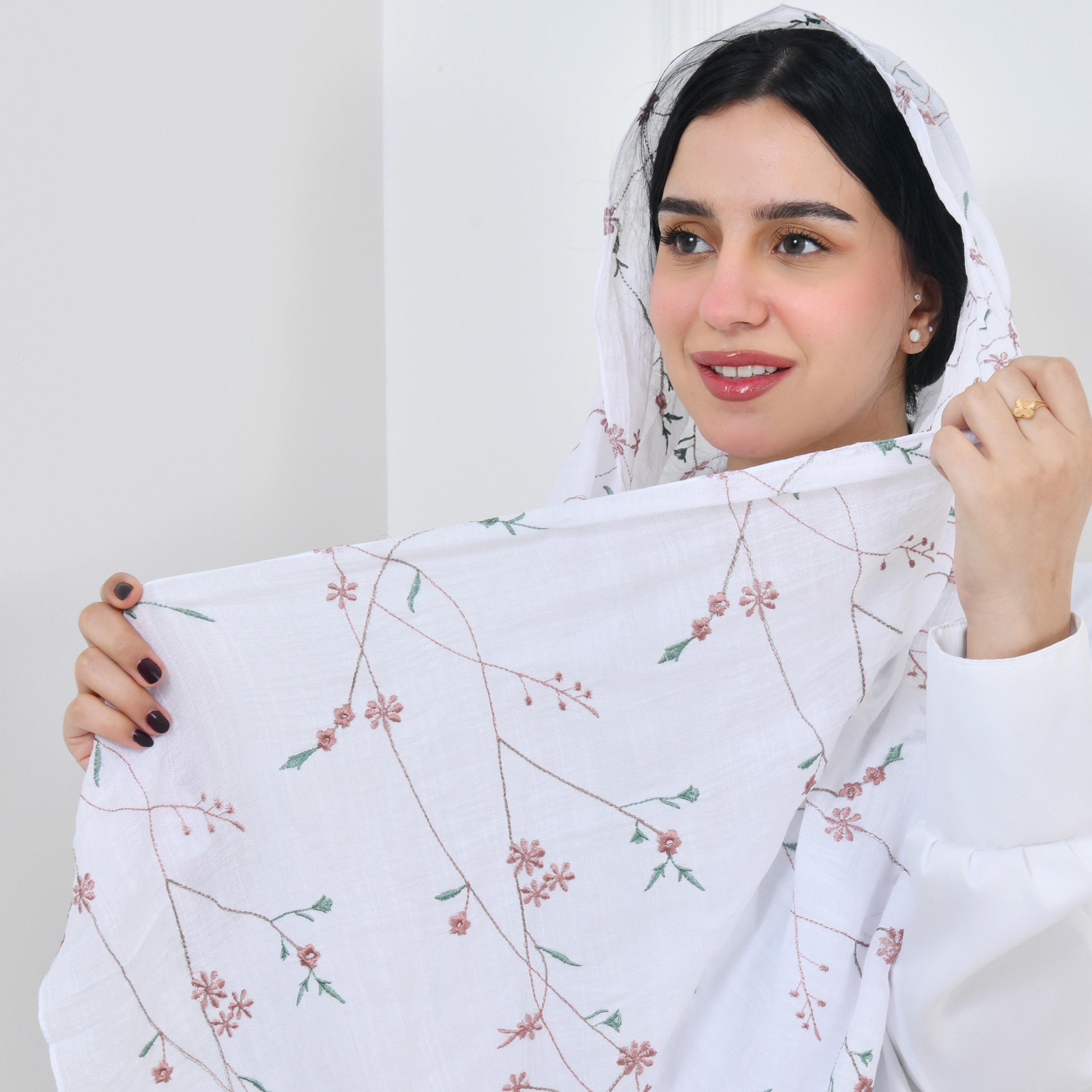 Hawraa White Embroidered Linen Women Hijab-women-arabicclothing-headscarf-hijab-image-3