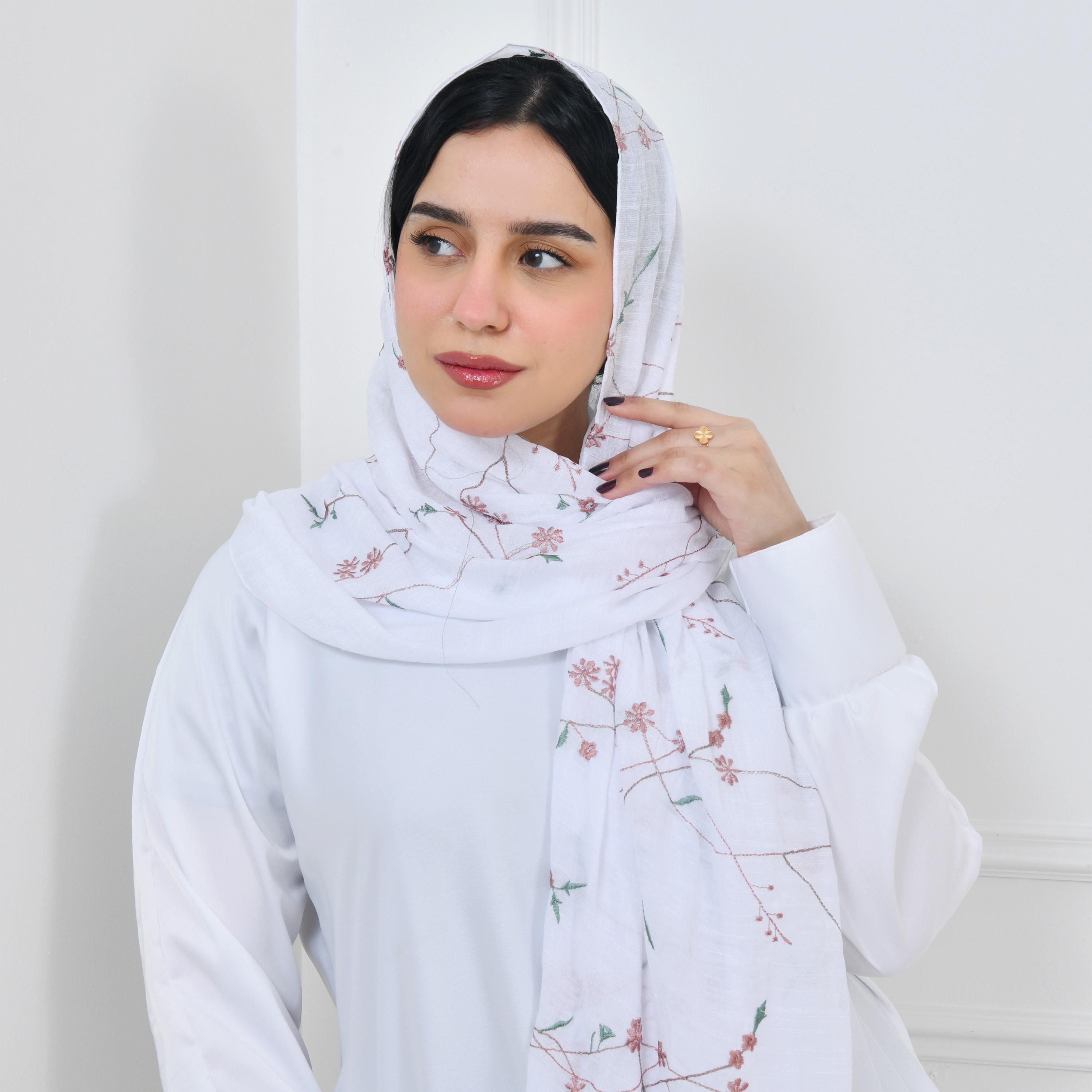 Hawraa White Embroidered Linen Women Hijab-women-arabicclothing-headscarf-hijab-image-4