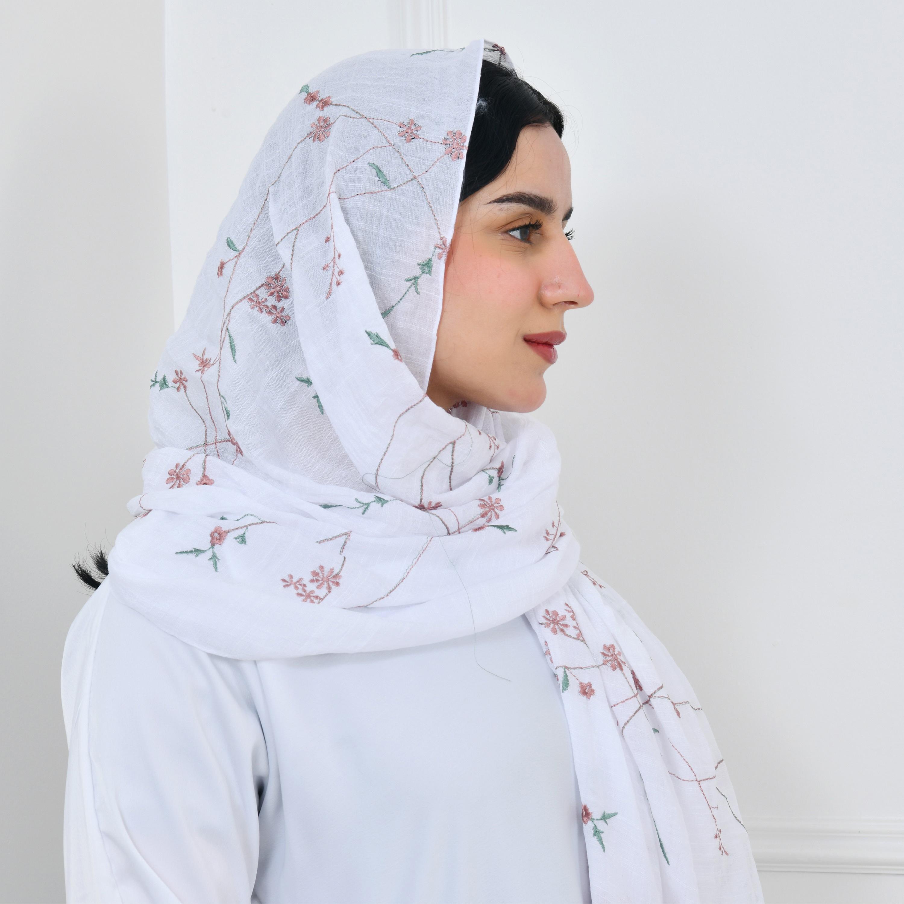 Hawraa White Embroidered Linen Women Hijab-women-arabicclothing-headscarf-hijab-image-5