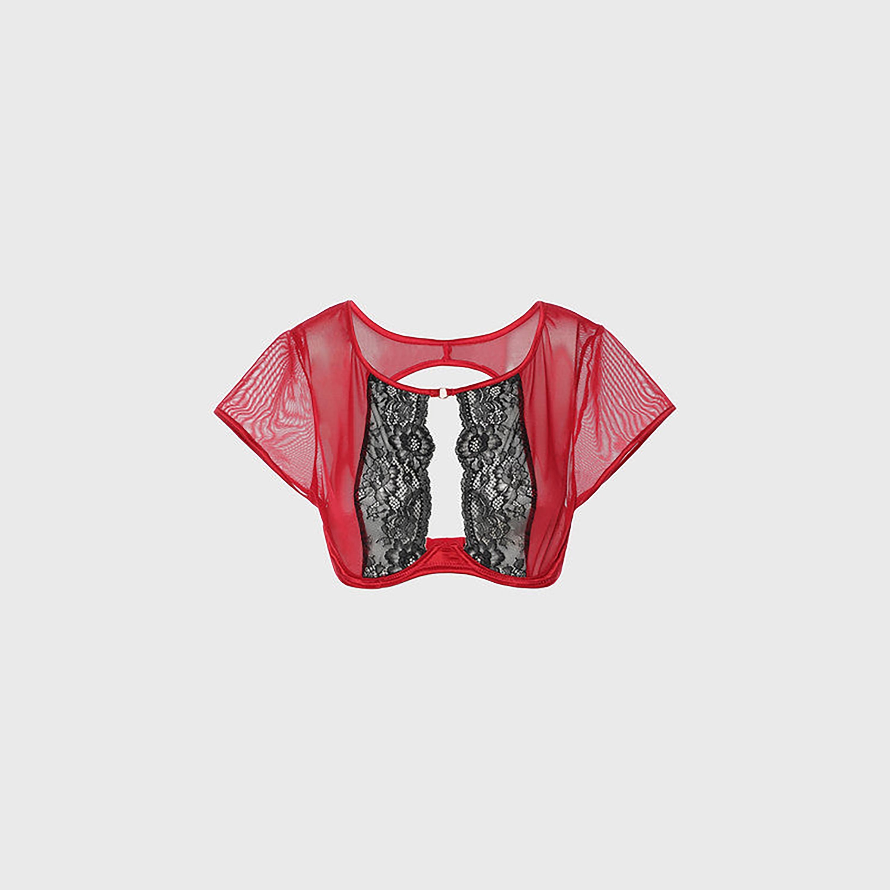 تفصيل دانتيل لا سينزا برقبة دائرية بأكمام قصيرة زي نوم نسائي-women-clothing-nightwear-pyjamas-tops-image-1