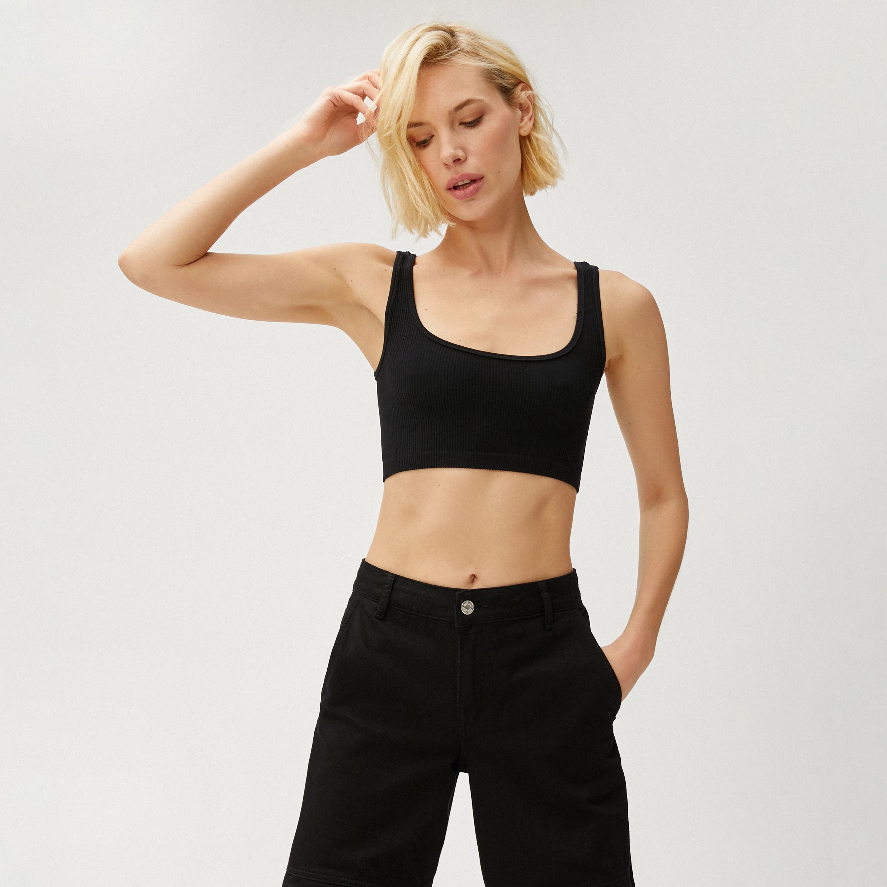 KOTON Black Ribbed Nylon Square Neck Women's Top-women-clothing-shirtsandblouses-blouses-image-1