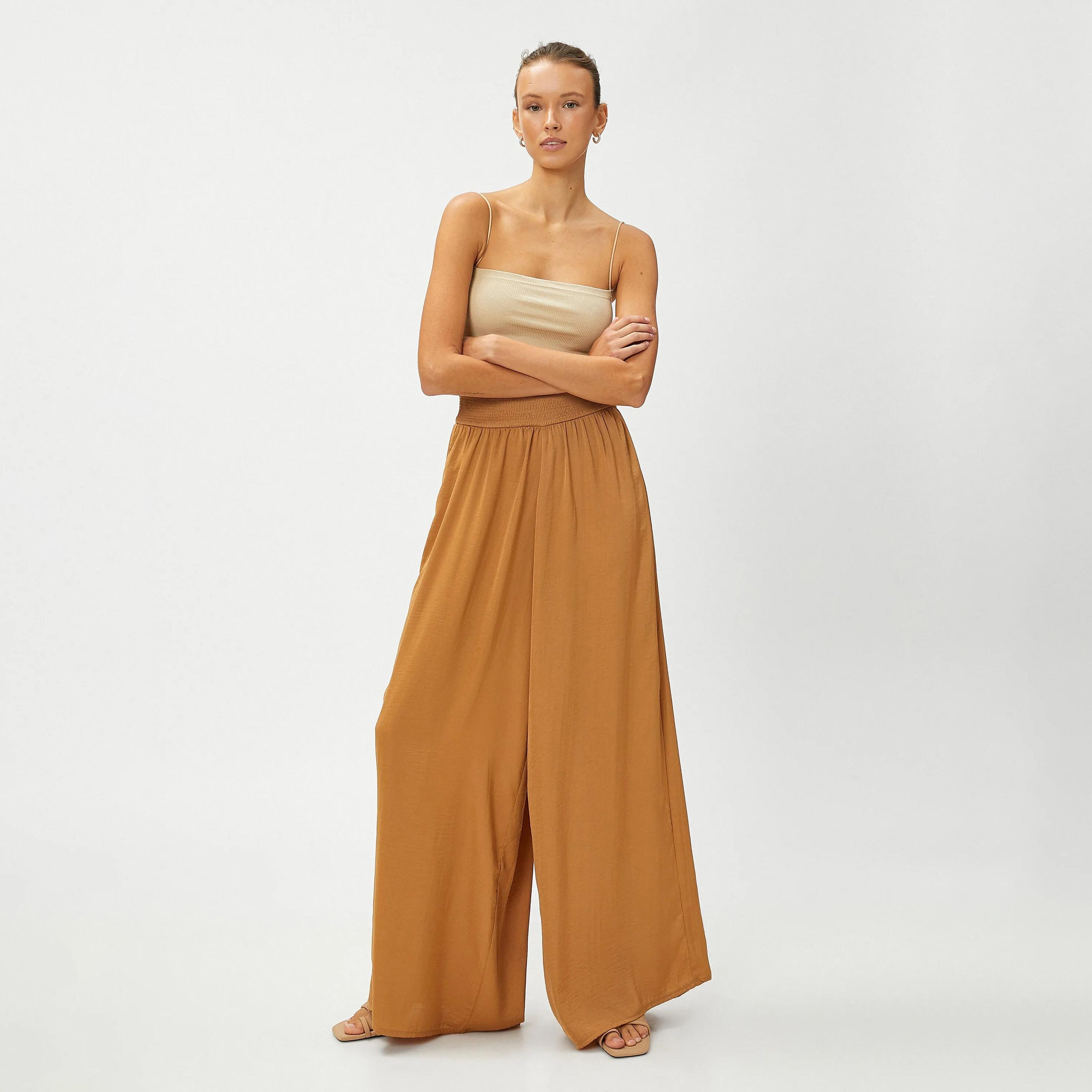 KOTON Brown Elasticated Waist Women's Trousers-women-clothing-bottoms-trousers-image-2
