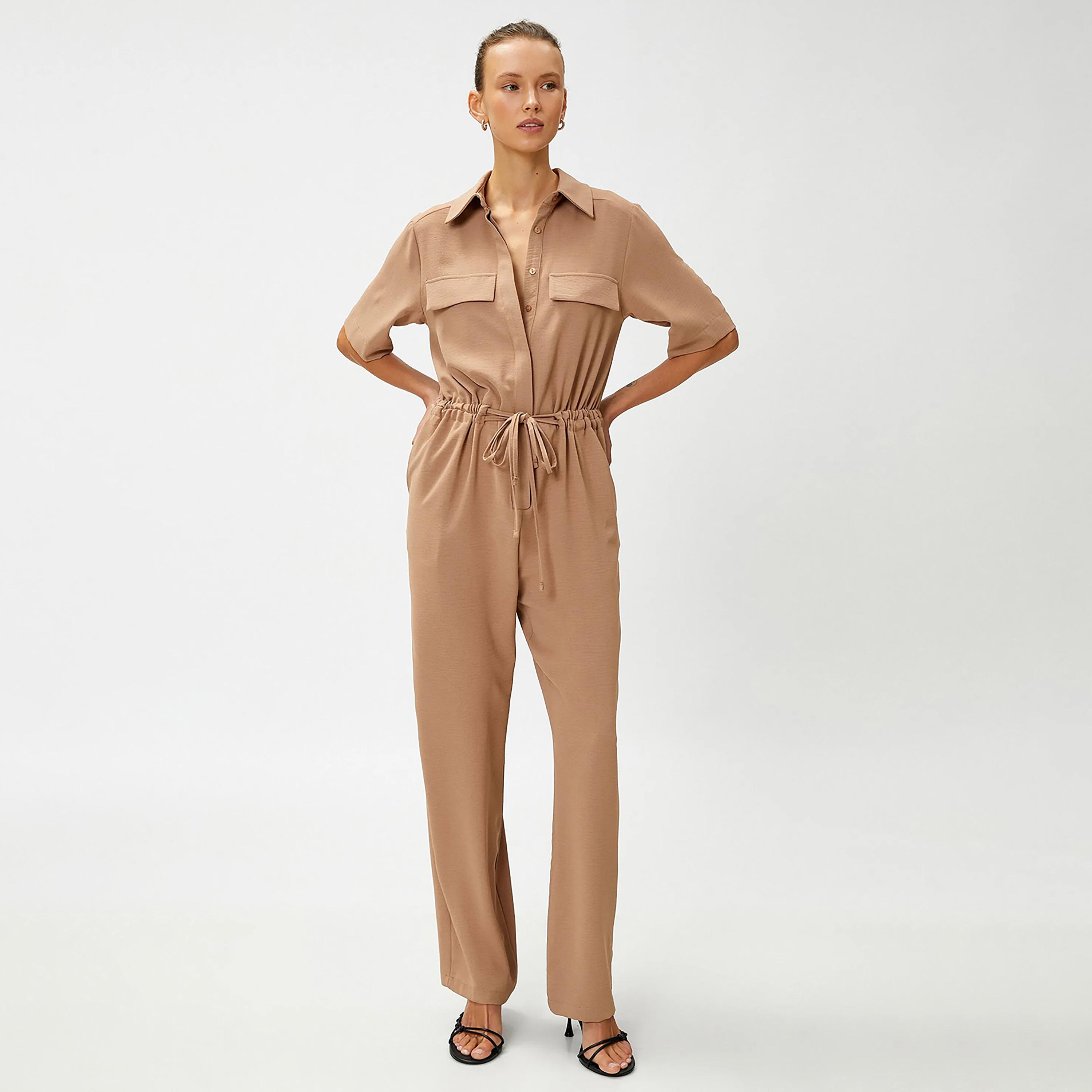 جمبسوت نسائي بني سادة بياقة من كوتون-women-clothing-jumpsuits-image-1