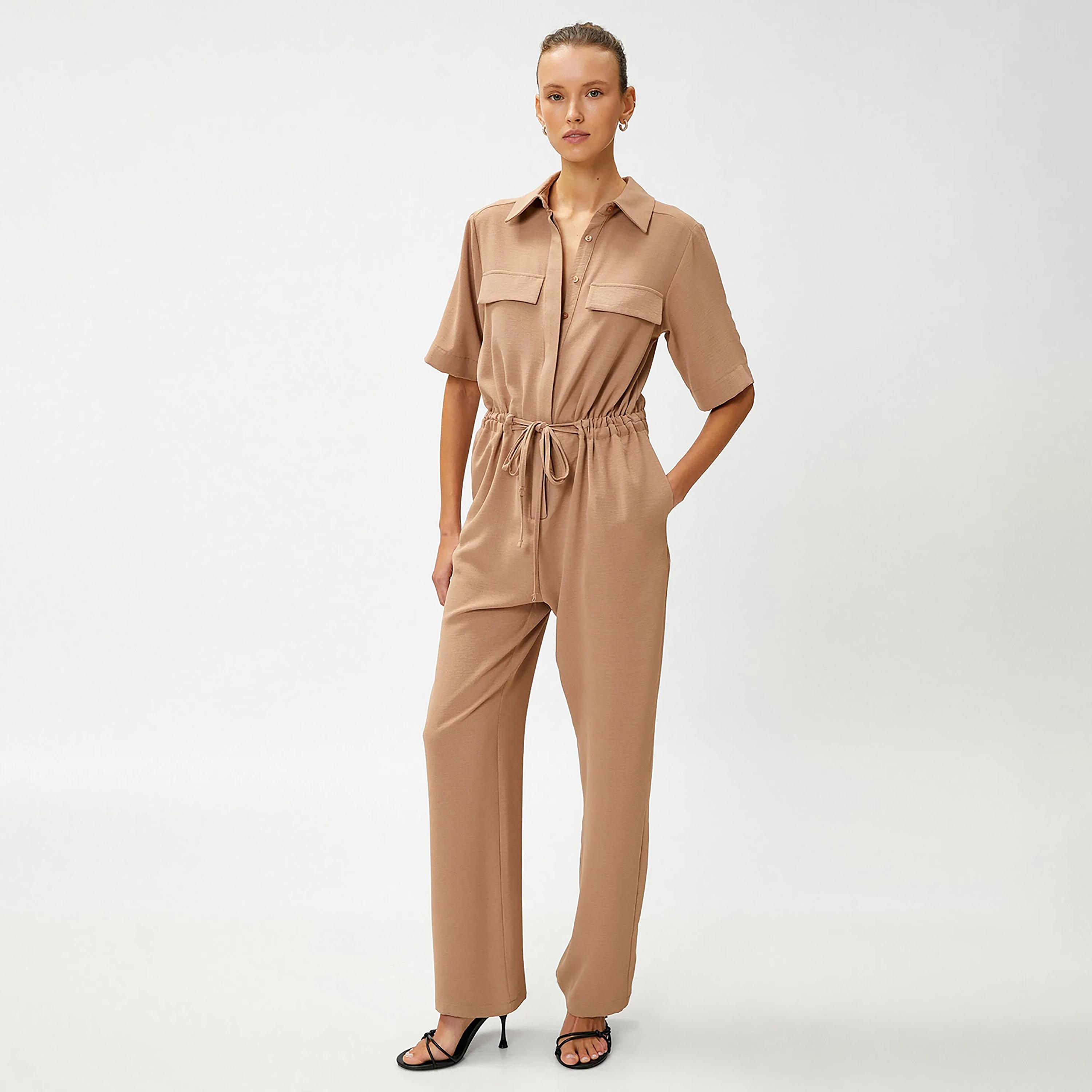 جمبسوت نسائي بني سادة بياقة من كوتون-women-clothing-jumpsuits-image-2