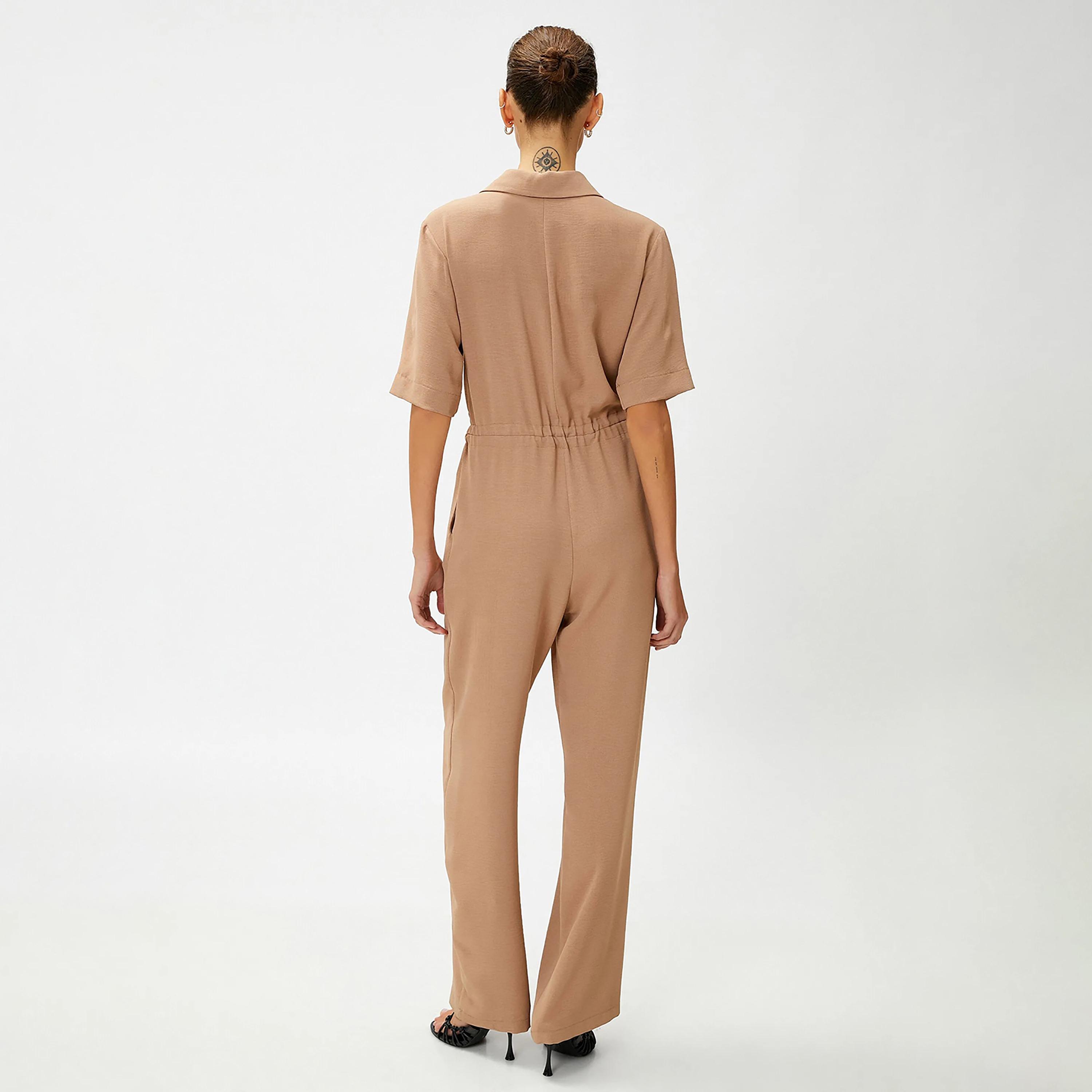 KOTON Brown Plain Collared Women's Jumpsuit-women-clothing-jumpsuits-image-3