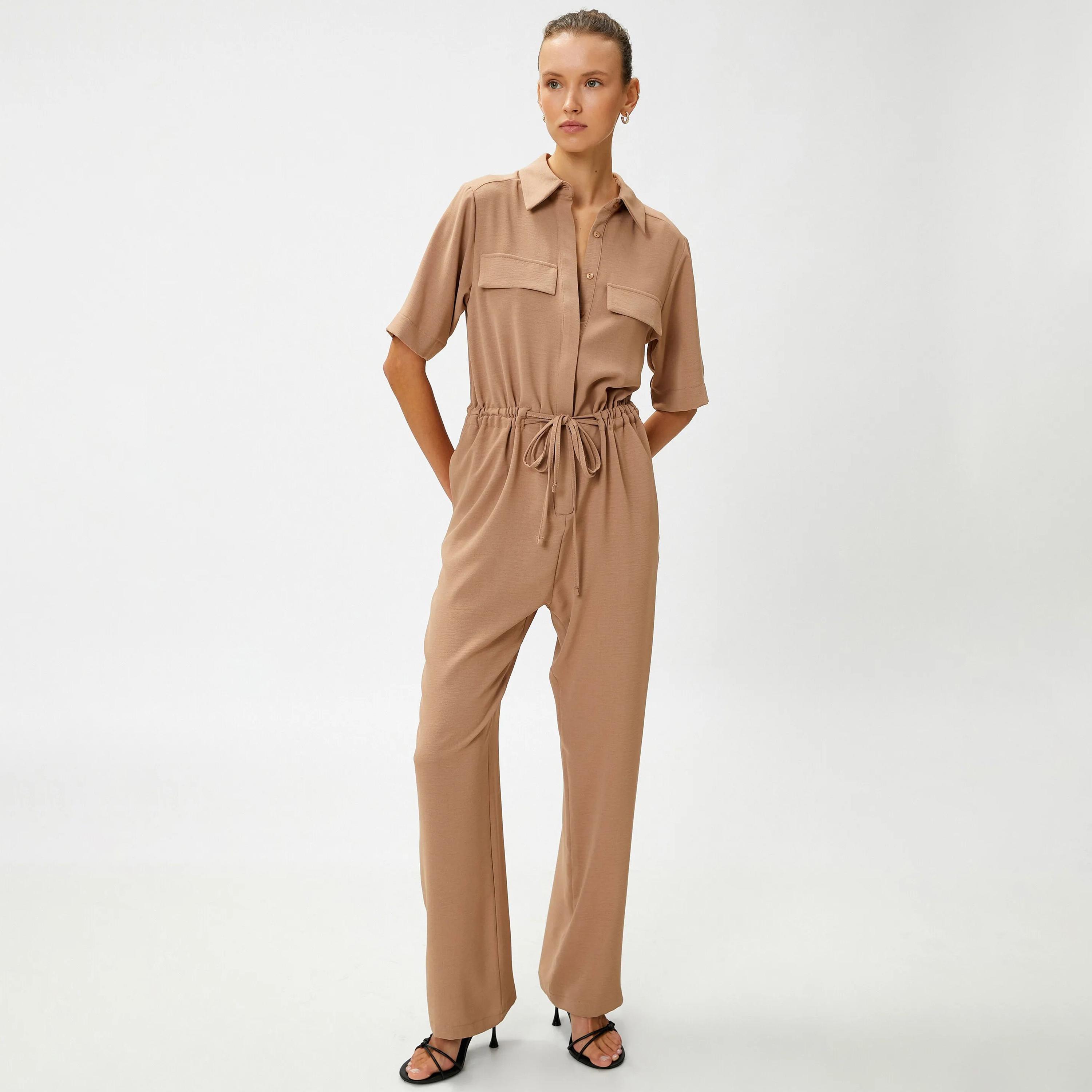 KOTON Brown Plain Collared Women's Jumpsuit-women-clothing-jumpsuits-image-5