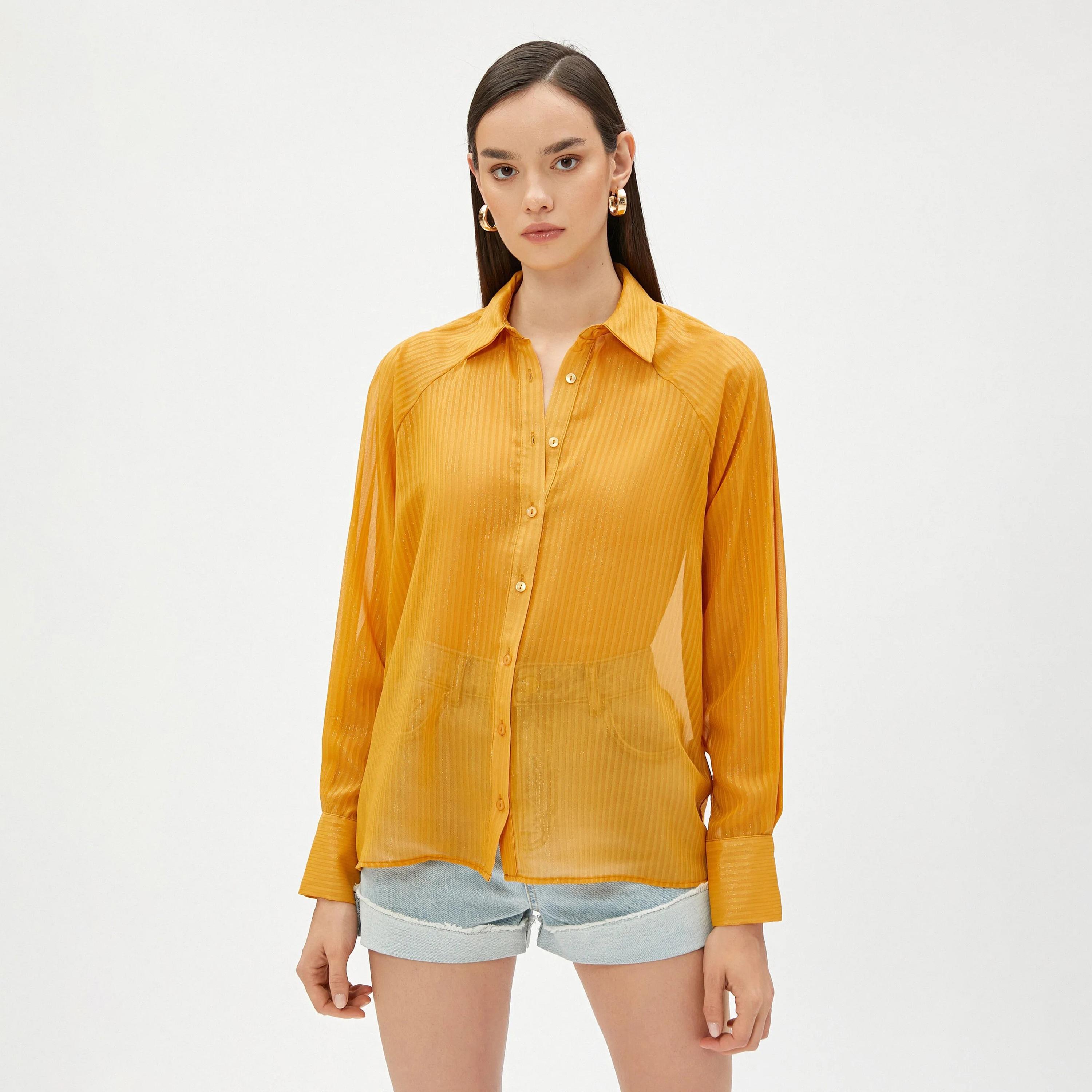 KOTON Yellow Striped Collared Women's Shirt-women-clothing-shirtsandblouses-shirts-image-1