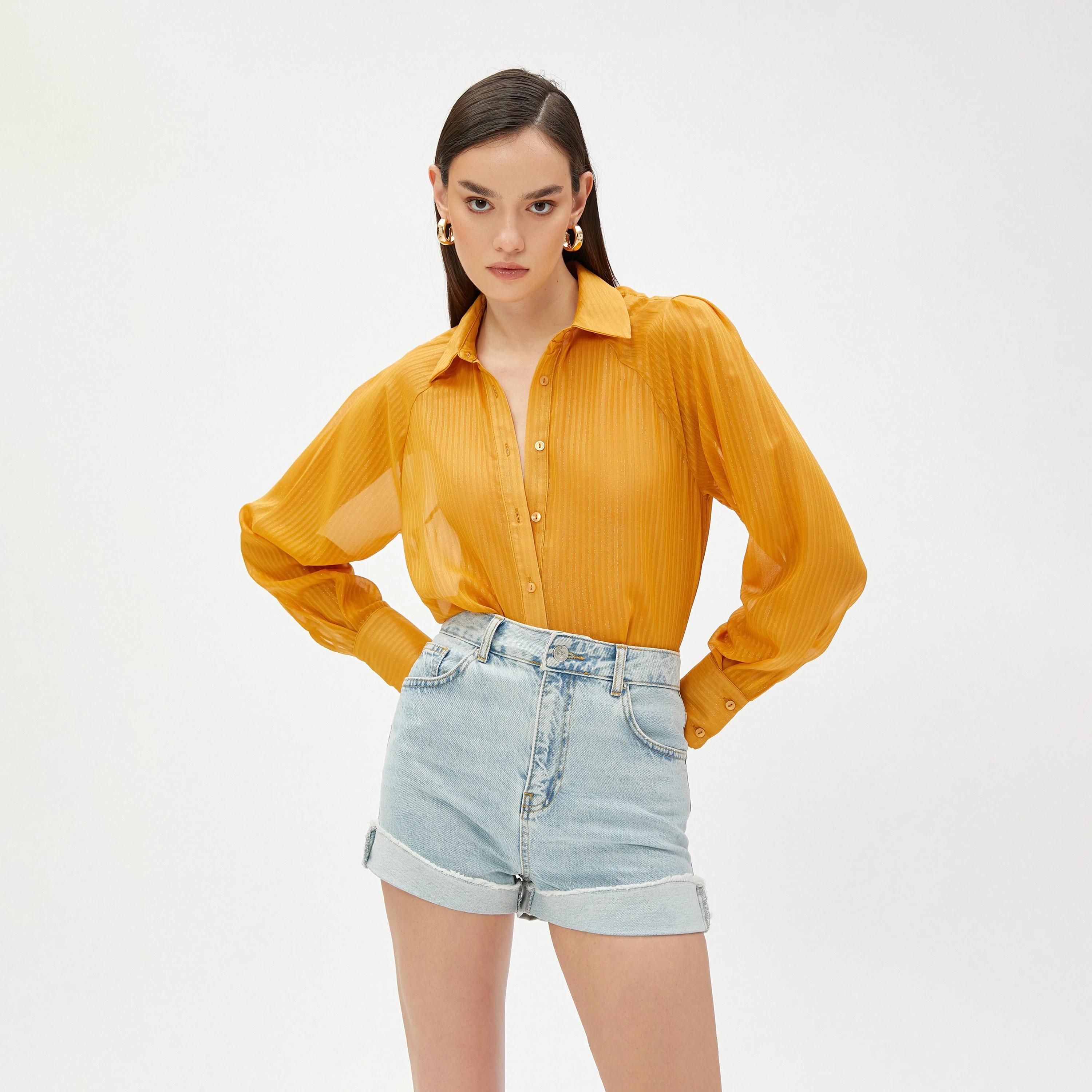 KOTON Yellow Striped Collared Women's Shirt-women-clothing-shirtsandblouses-shirts-image-2