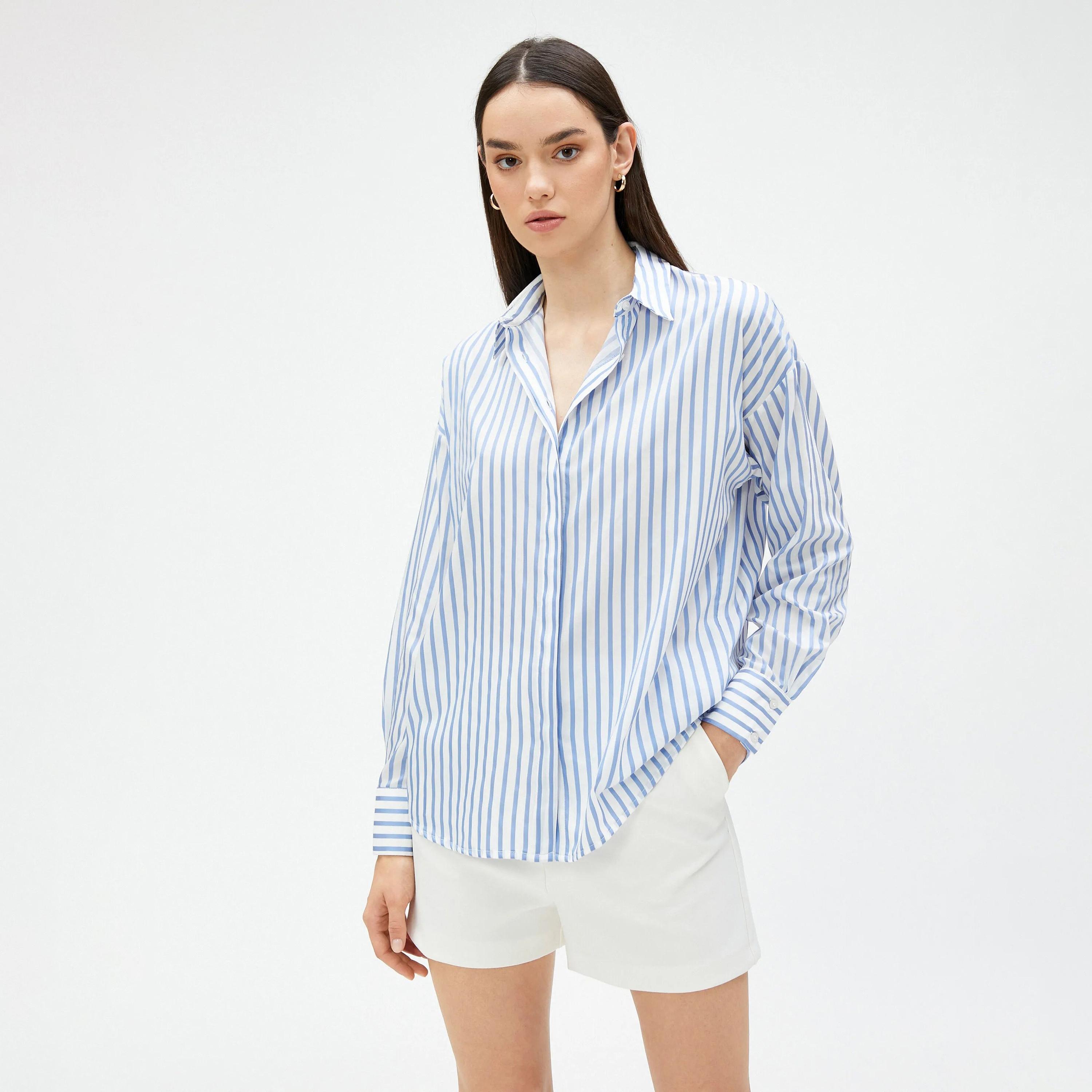 KOTON Blue Striped Collared Women's Shirt-women-clothing-shirtsandblouses-shirts-image-1